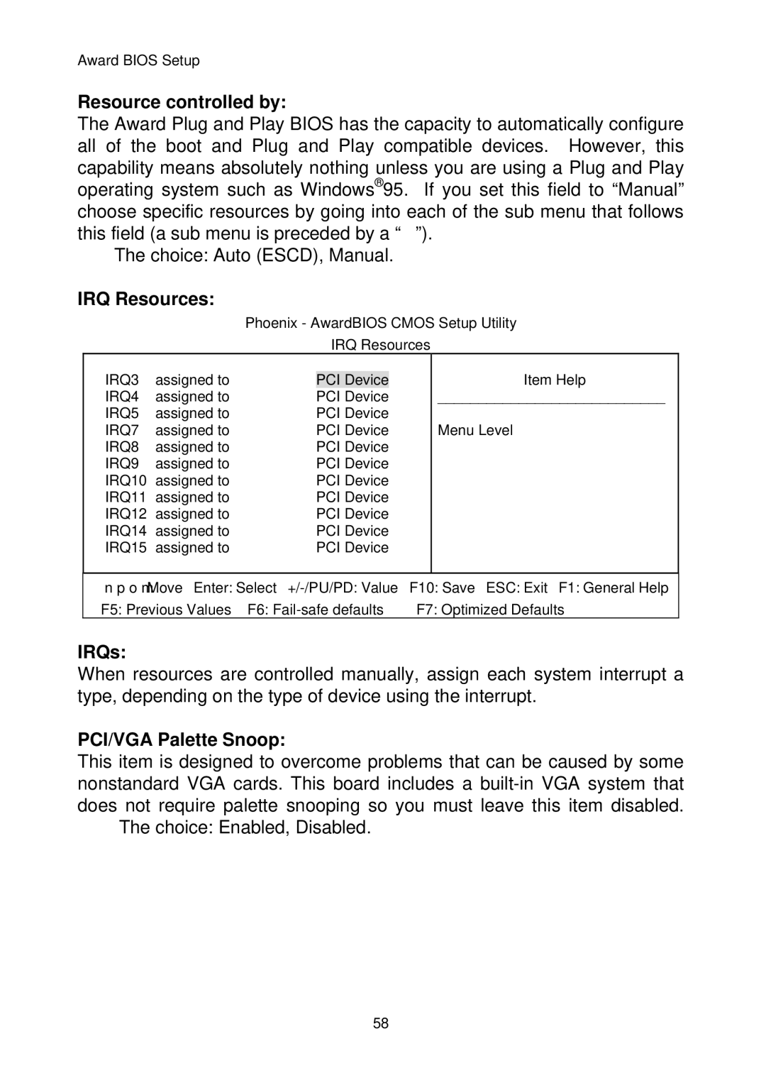 Intel IP-4MTS6B manual Resource controlled by, IRQ Resources, IRQs, PCI/VGA Palette Snoop 