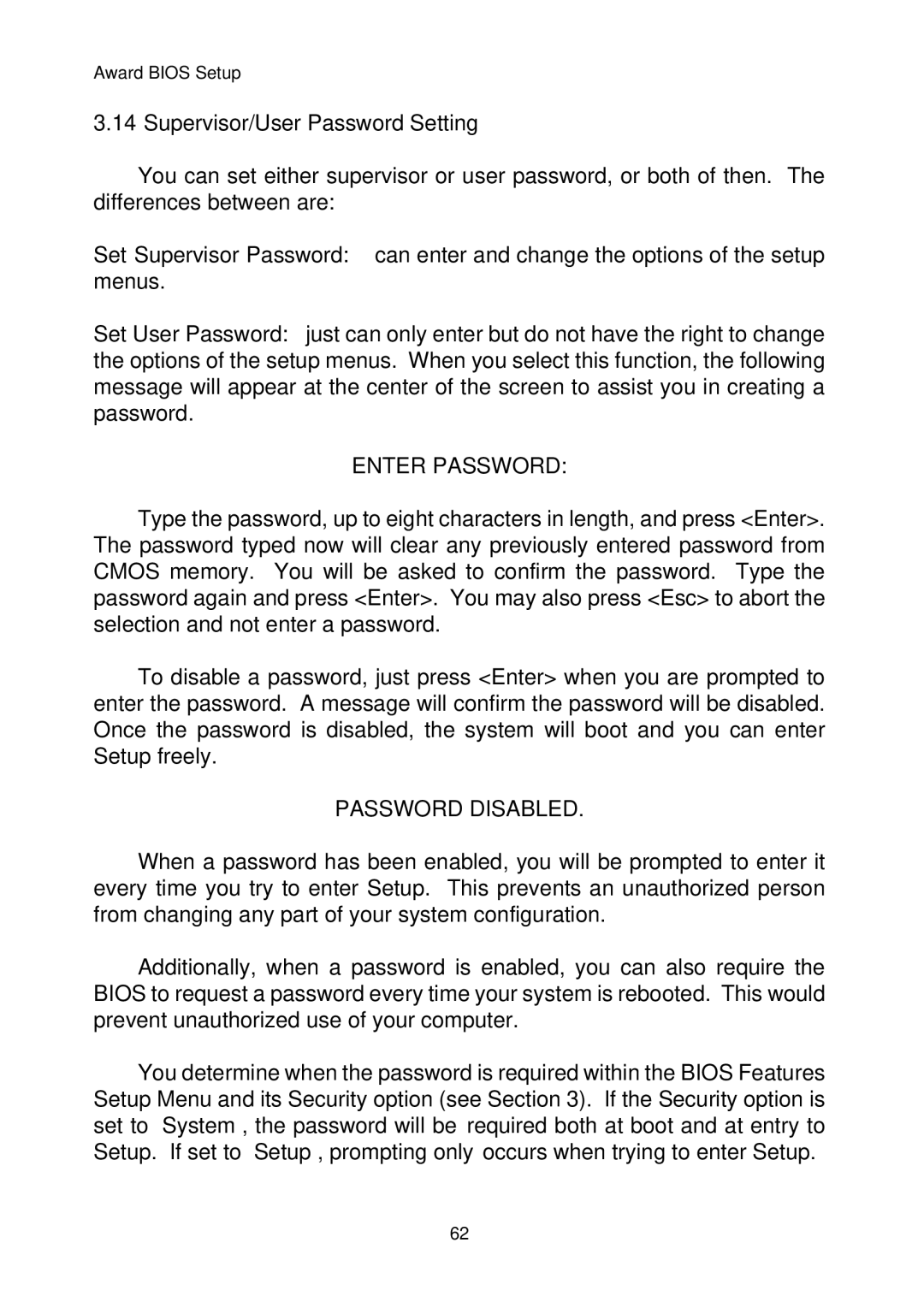 Intel IP-4MTS6B manual Supervisor/User Password Setting, Enter Password 