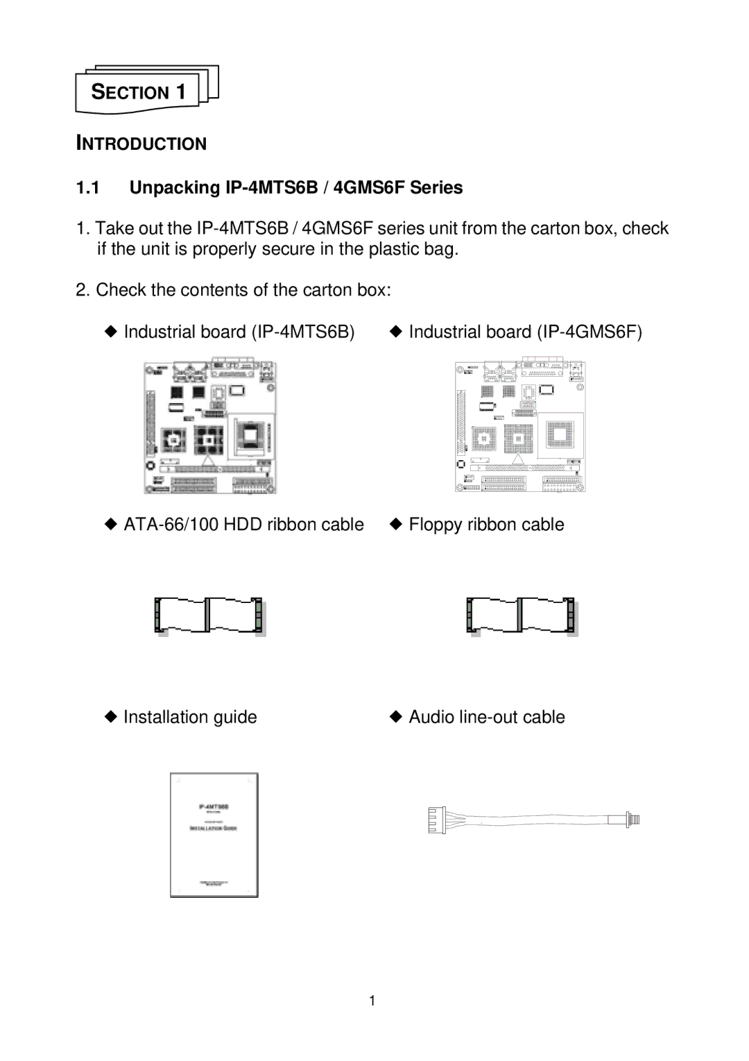 Intel manual Section Introduction, Unpacking IP-4MTS6B / 4GMS6F Series 