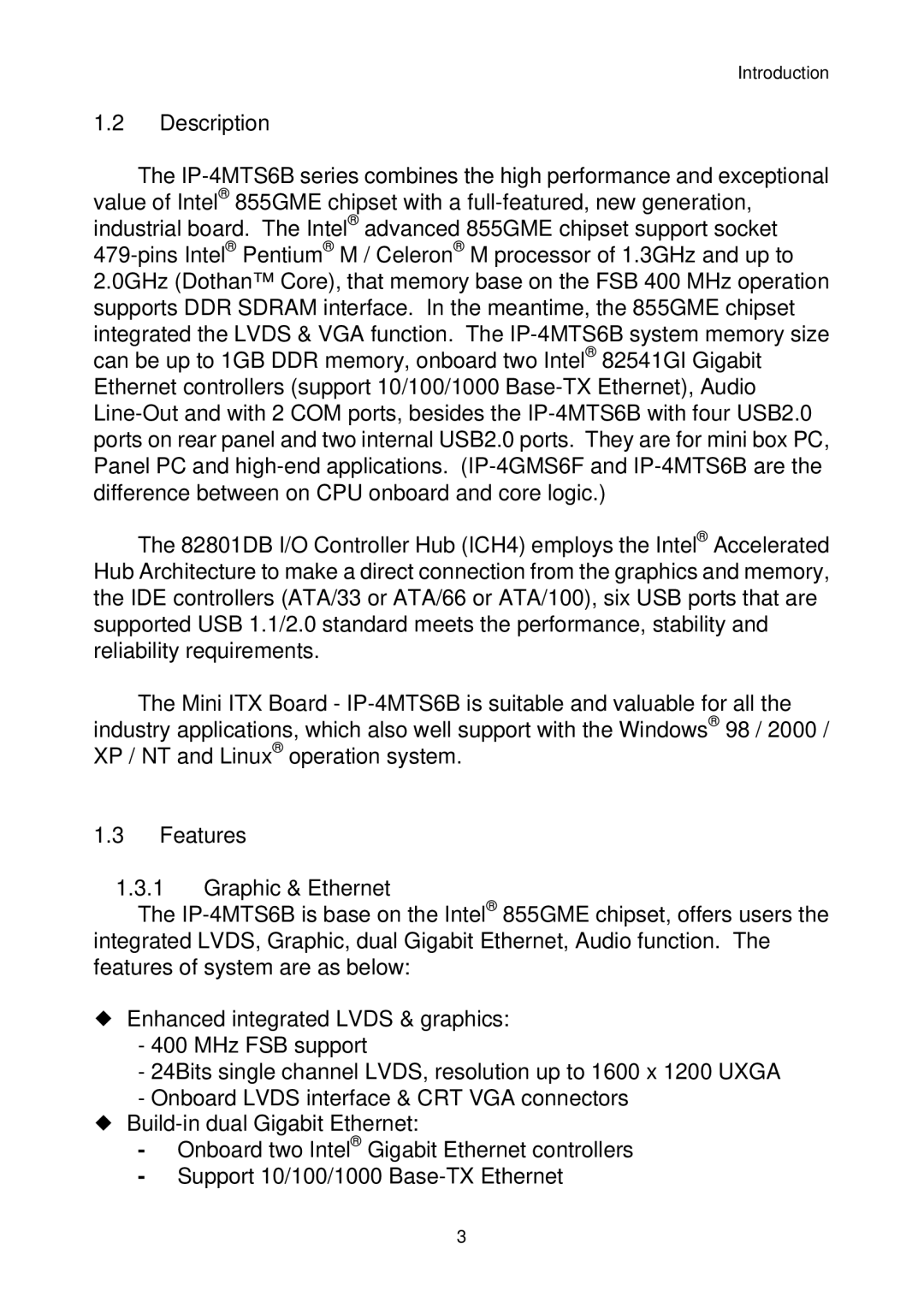 Intel IP-4MTS6B manual Description, Features Graphic & Ethernet 