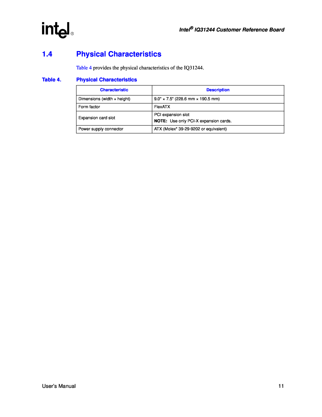 Intel user manual 1.4Physical Characteristics, Intel IQ31244 Customer Reference Board, Description 