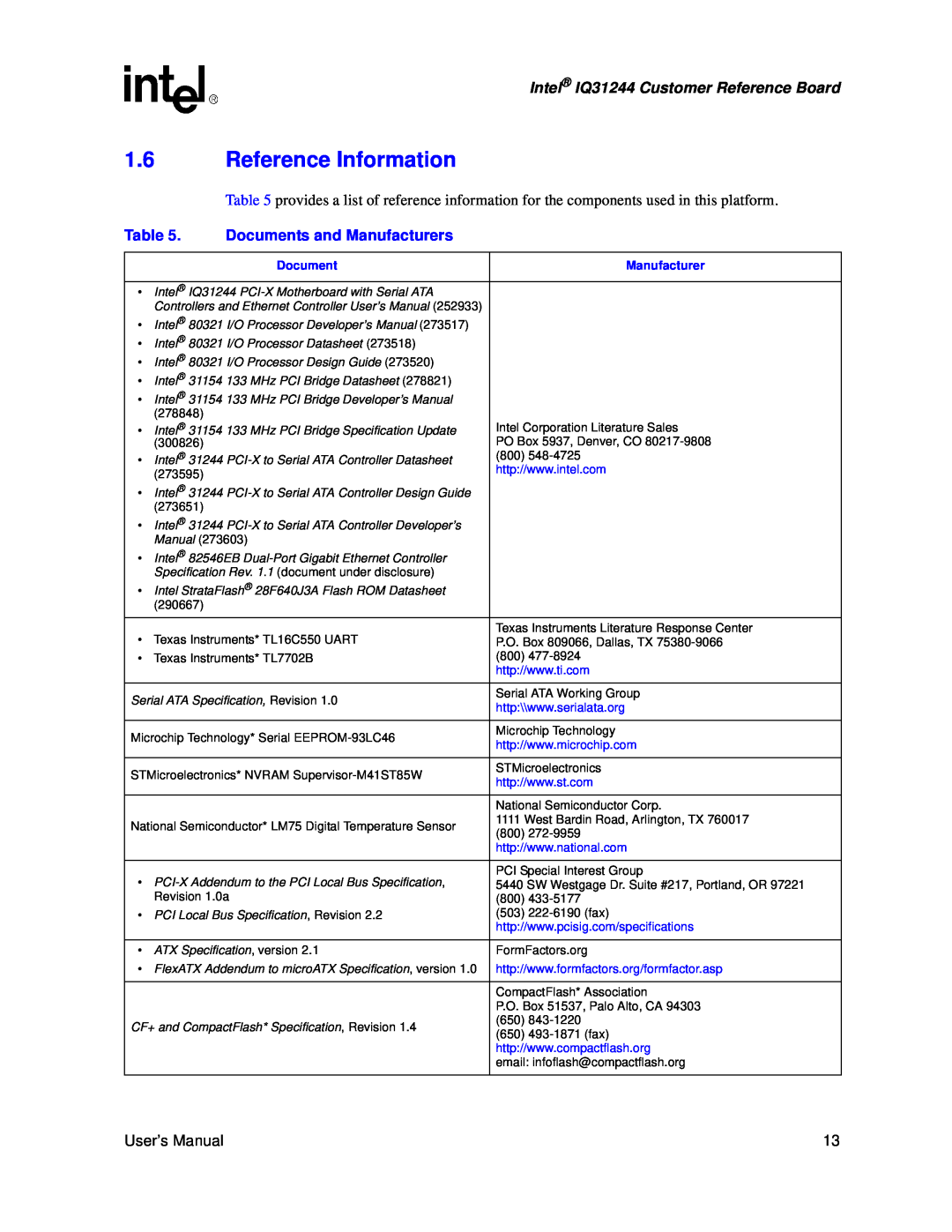 Intel user manual 1.6Reference Information, Documents and Manufacturers, Intel IQ31244 Customer Reference Board 
