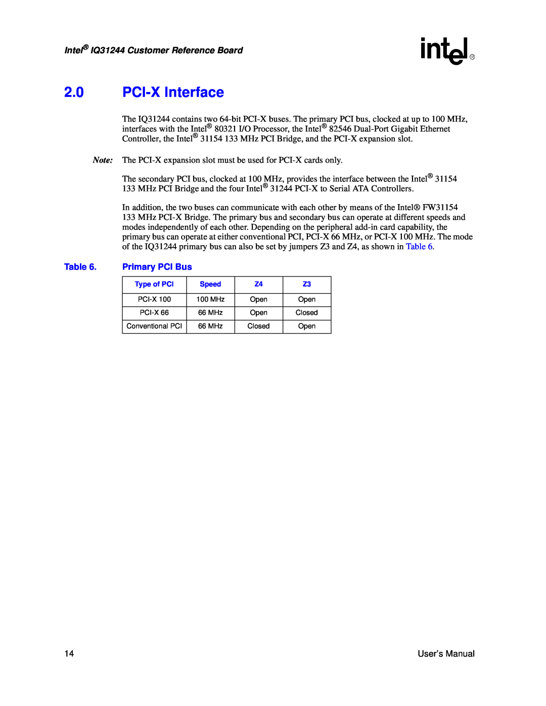 Intel user manual 2.0PCI-XInterface, Primary PCI Bus, Intel IQ31244 Customer Reference Board 