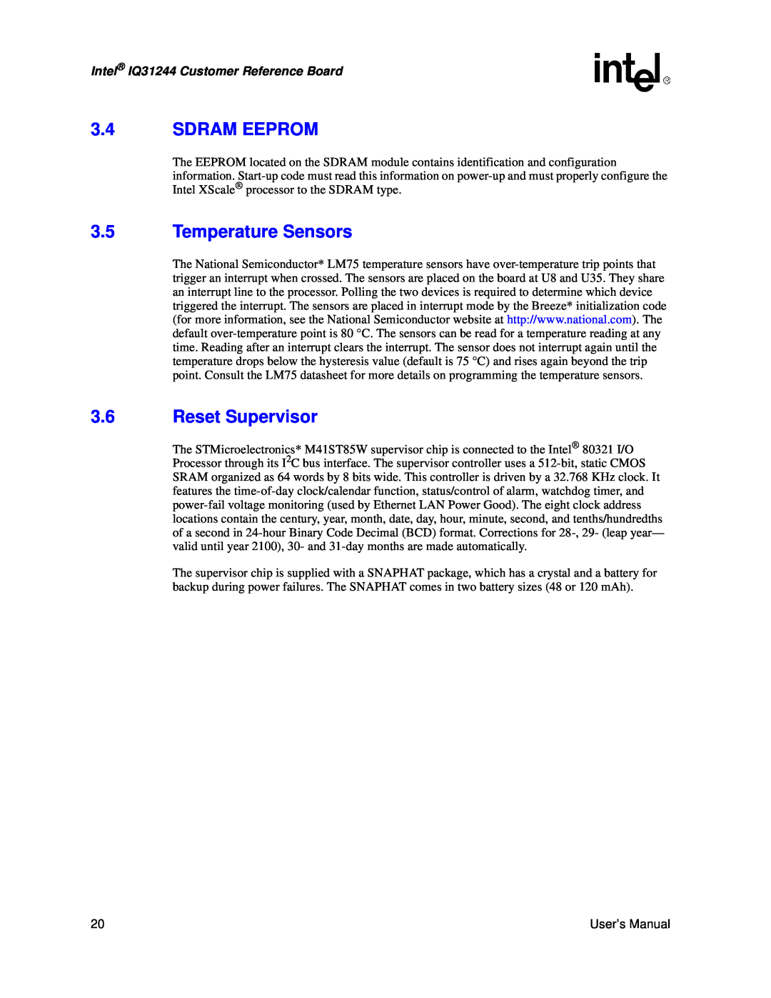 Intel user manual 3.4SDRAM EEPROM, 3.5Temperature Sensors, 3.6Reset Supervisor, Intel IQ31244 Customer Reference Board 