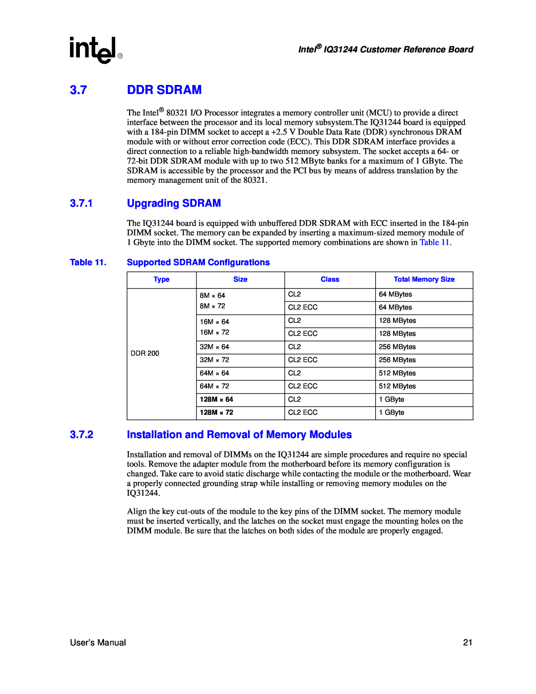 Intel IQ31244 user manual 3.7DDR SDRAM, 3.7.1Upgrading SDRAM, 3.7.2Installation and Removal of Memory Modules 