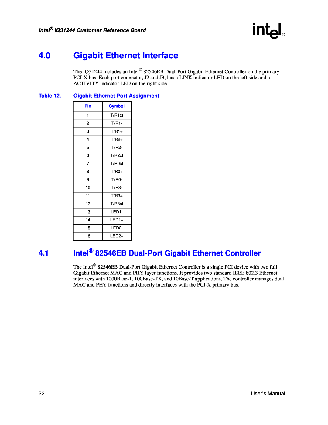 Intel 4.0Gigabit Ethernet Interface, Gigabit Ethernet Port Assignment, Intel IQ31244 Customer Reference Board 