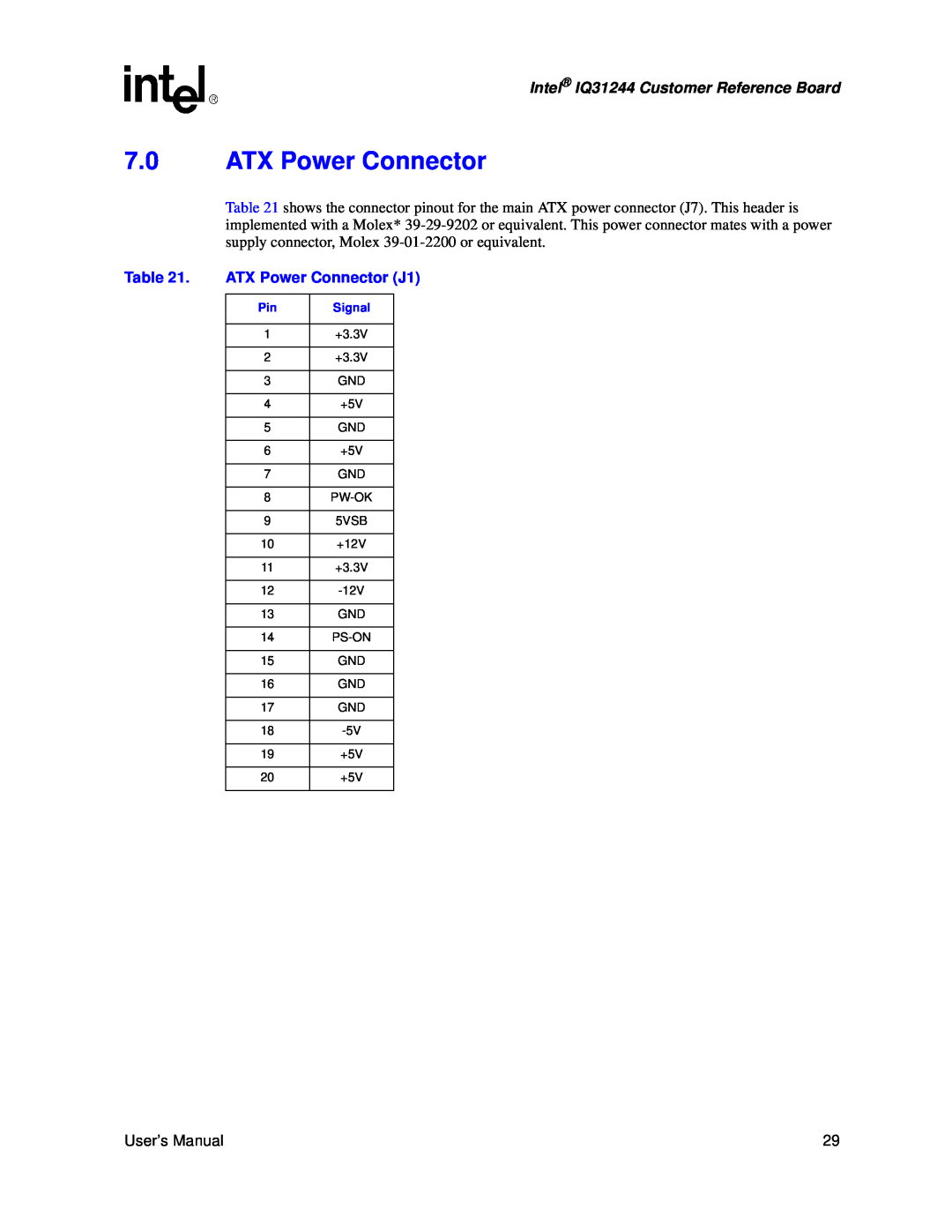 Intel user manual 7.0ATX Power Connector, ATX Power Connector J1, Intel IQ31244 Customer Reference Board 