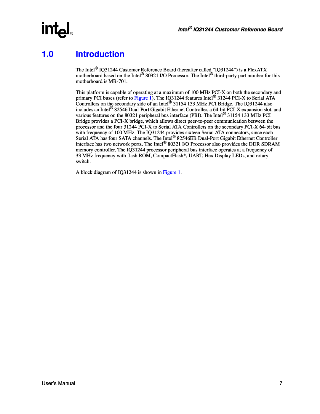 Intel user manual 1.0Introduction, Intel IQ31244 Customer Reference Board 