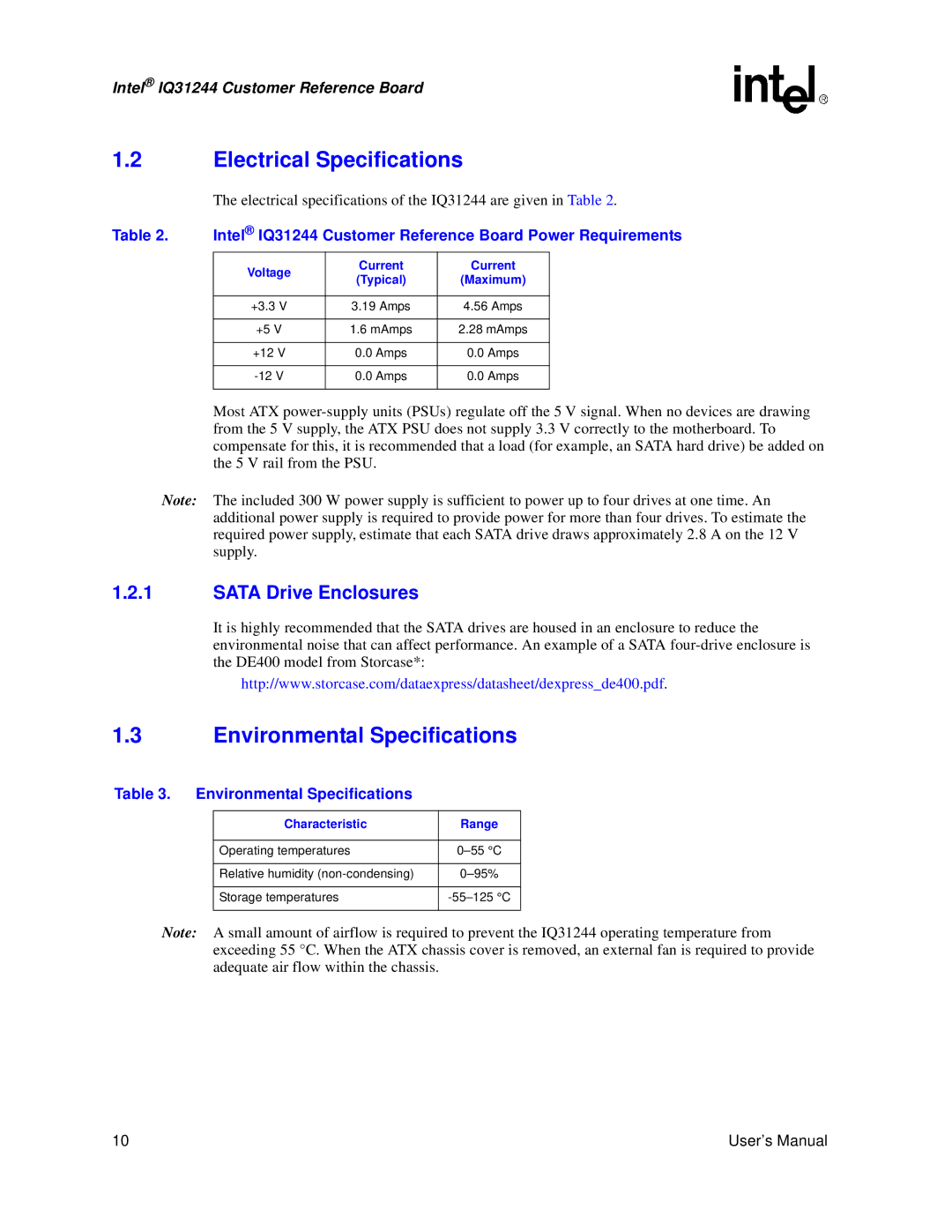 Intel IQ31244 user manual Electrical Specifications, Environmental Specifications 