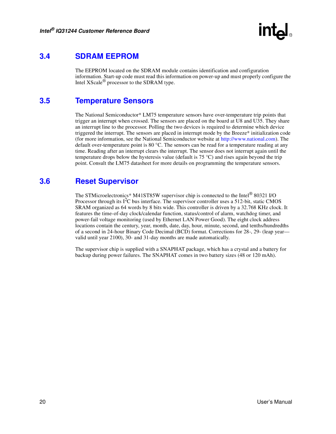 Intel IQ31244 user manual Sdram Eeprom, Temperature Sensors Reset Supervisor 