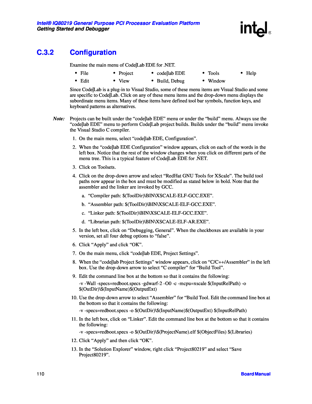 Intel manual C.3.2, Configuration, Intel IQ80219 General Purpose PCI Processor Evaluation Platform 