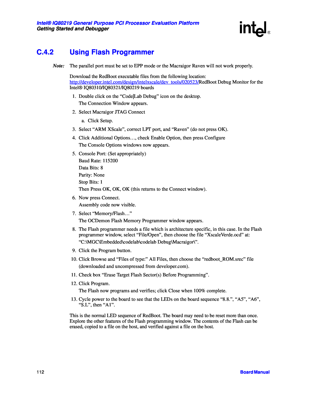 Intel manual C.4.2 Using Flash Programmer, Intel IQ80219 General Purpose PCI Processor Evaluation Platform 