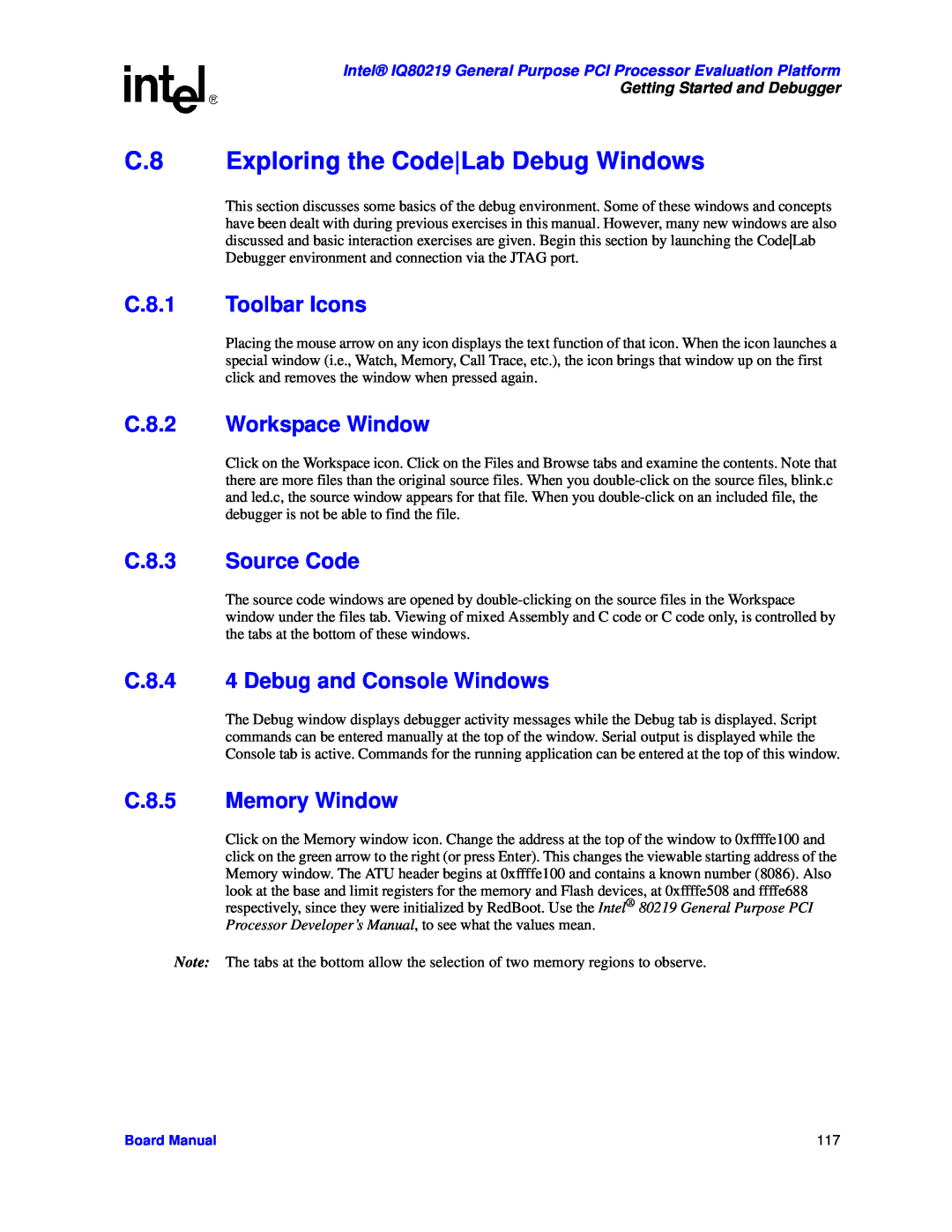Intel IQ80219 C.8 Exploring the CodeLab Debug Windows, C.8.1 Toolbar Icons, C.8.2 Workspace Window, C.8.3 Source Code 
