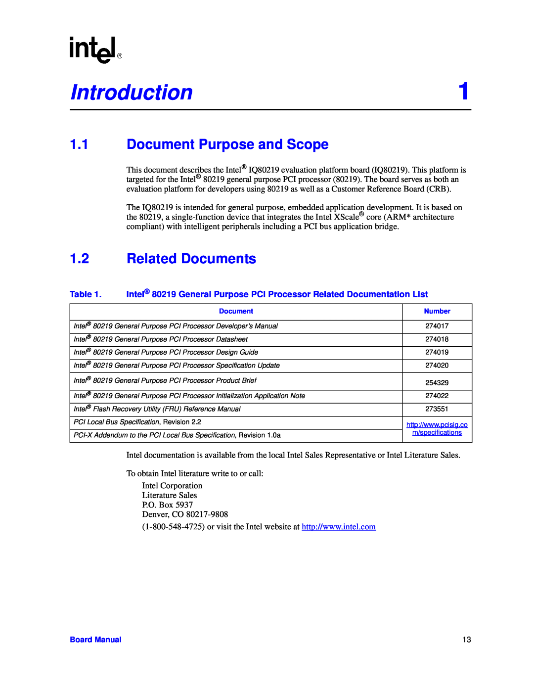Intel IQ80219 manual Introduction, Document Purpose and Scope, Related Documents 