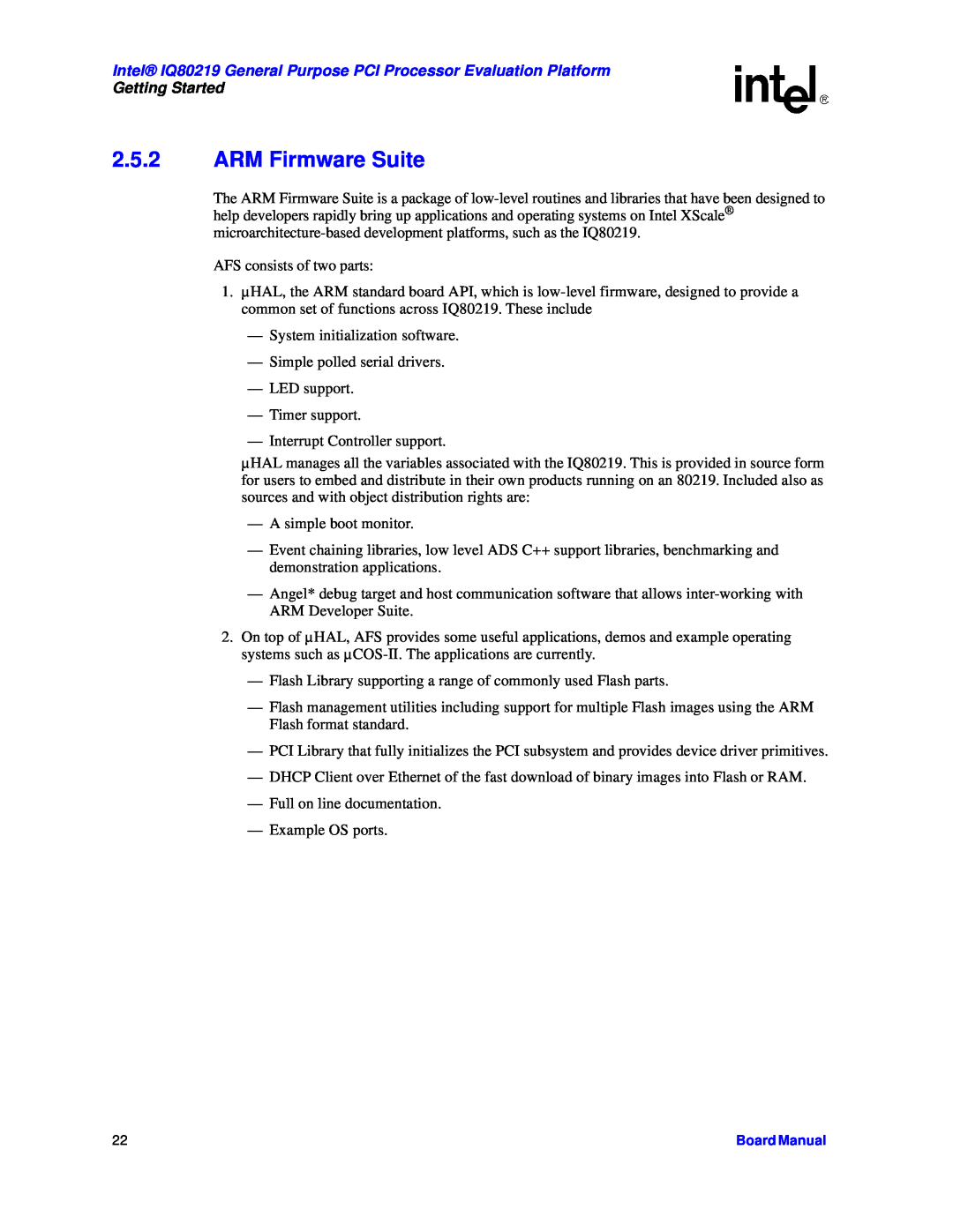 Intel manual ARM Firmware Suite, Intel IQ80219 General Purpose PCI Processor Evaluation Platform, Getting Started 