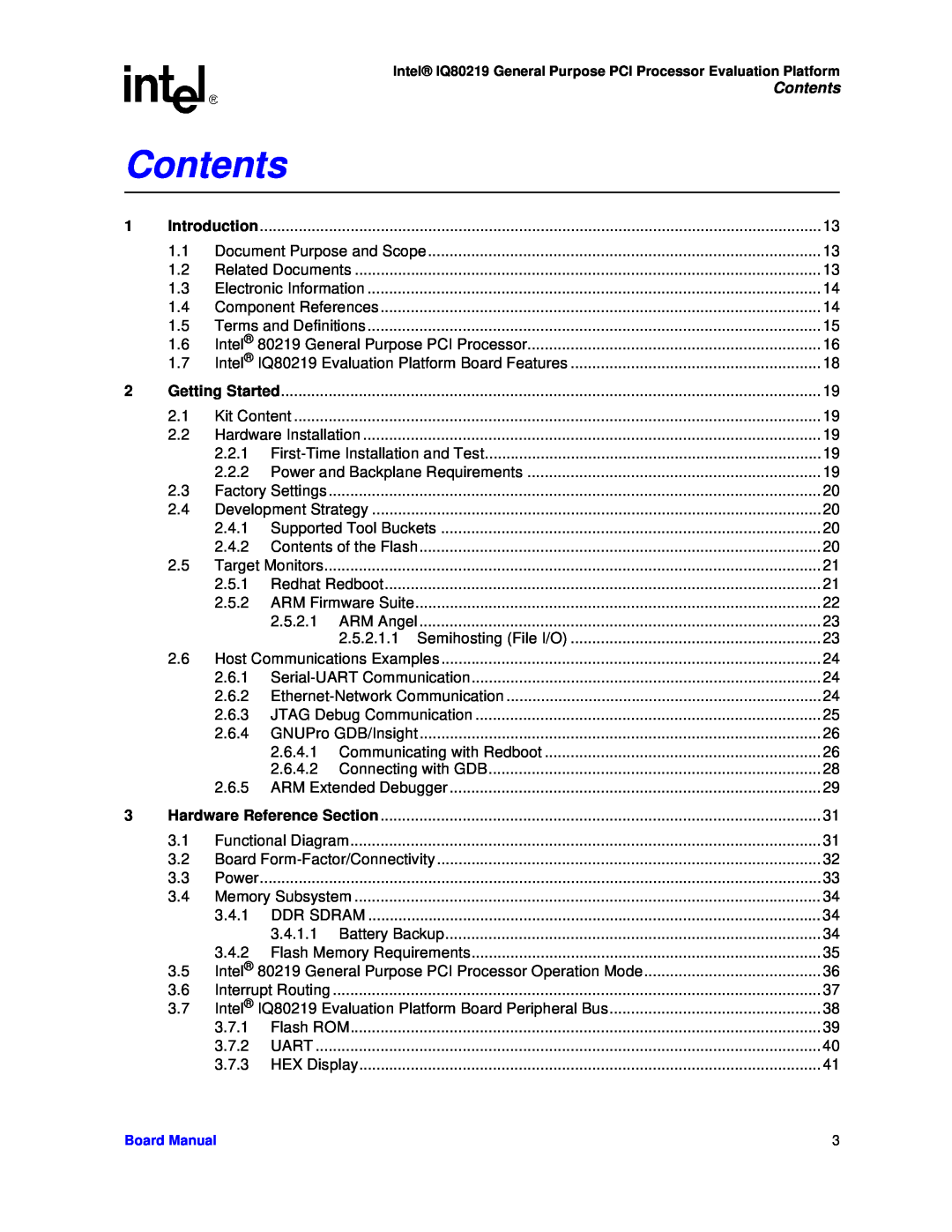 Intel IQ80219 manual Contents 