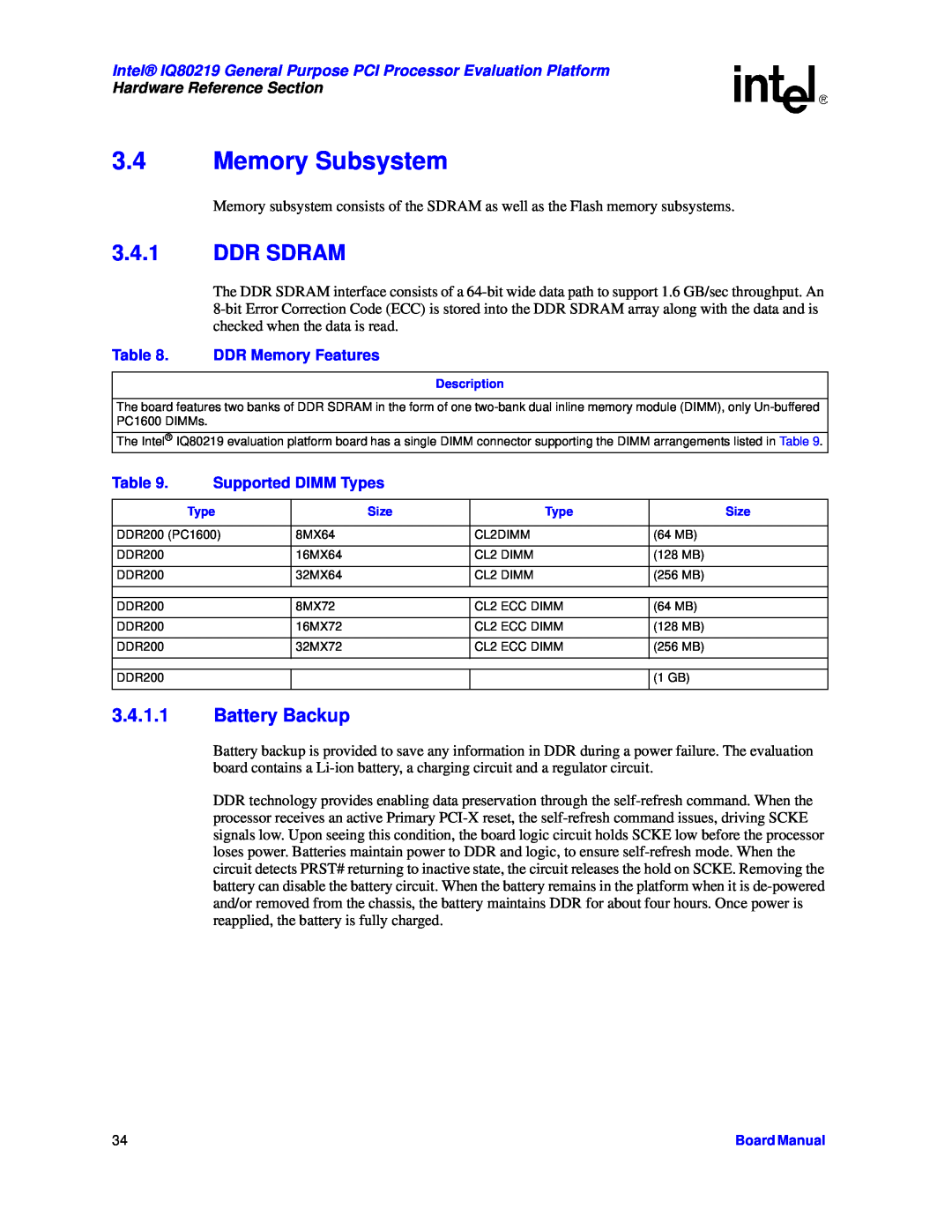 Intel IQ80219 manual Memory Subsystem, Ddr Sdram, Battery Backup, DDR Memory Features, Supported DIMM Types 