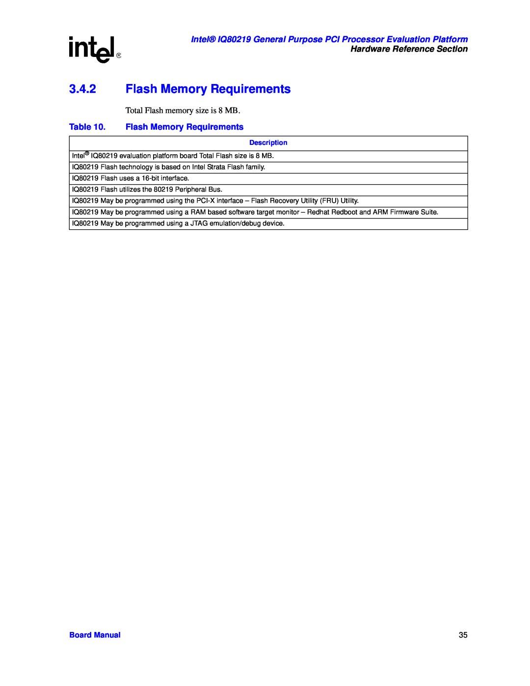 Intel manual Flash Memory Requirements, Intel IQ80219 General Purpose PCI Processor Evaluation Platform, Board Manual 