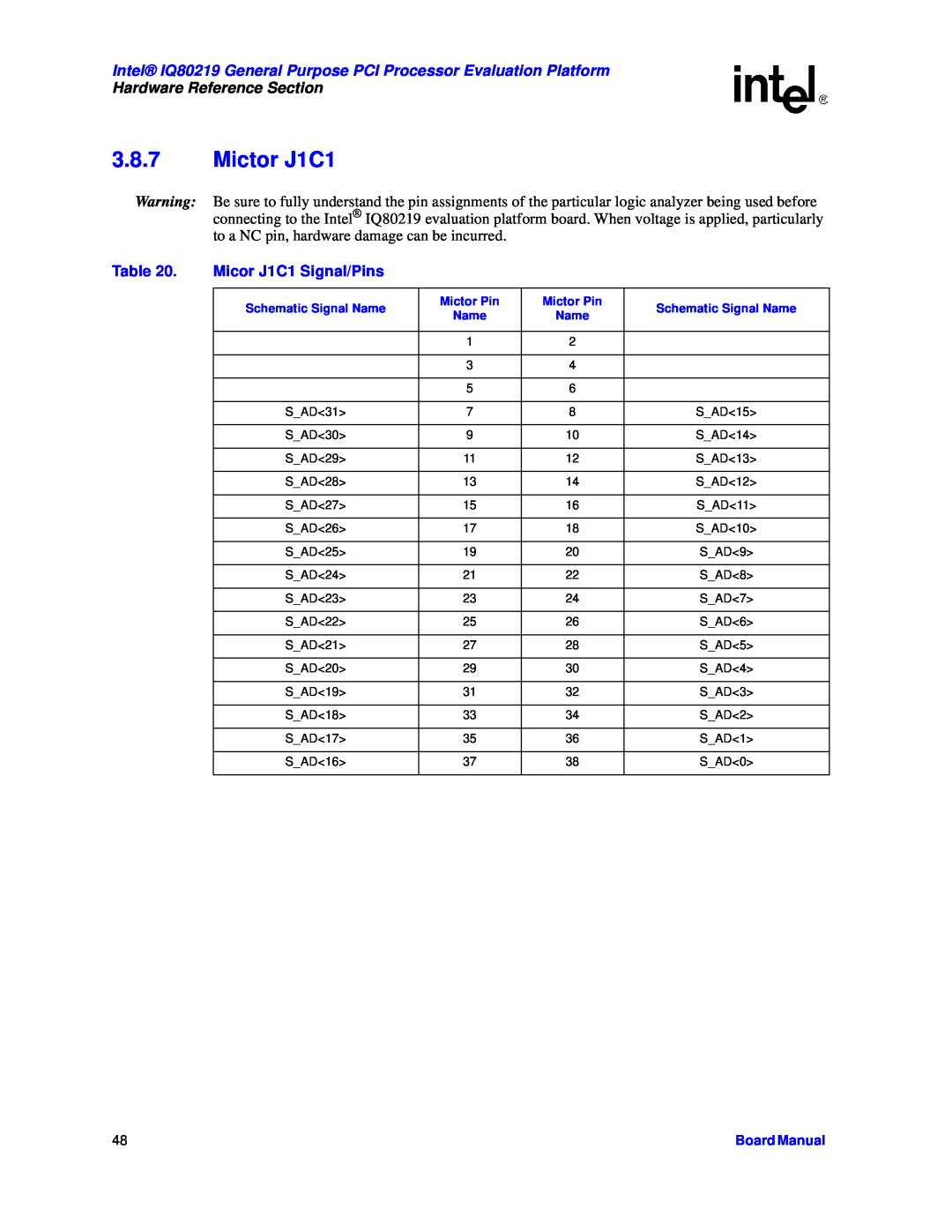 Intel manual Mictor J1C1, Micor J1C1 Signal/Pins, Intel IQ80219 General Purpose PCI Processor Evaluation Platform 