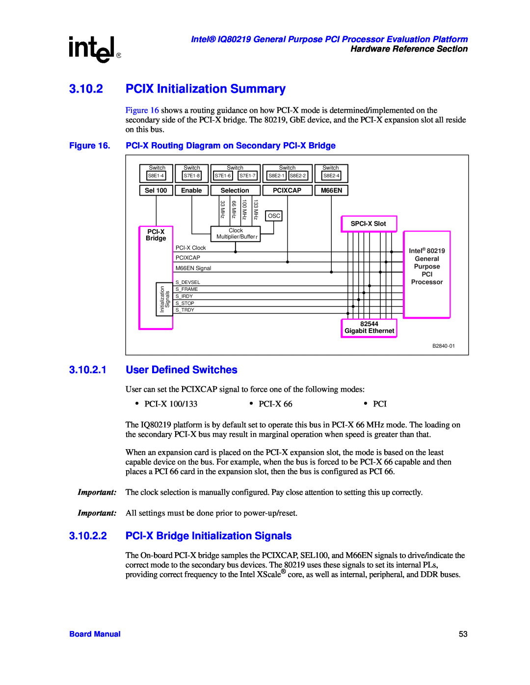 Intel IQ80219 PCIX Initialization Summary, User Defined Switches, PCI-X Bridge Initialization Signals, Board Manual, M66EN 