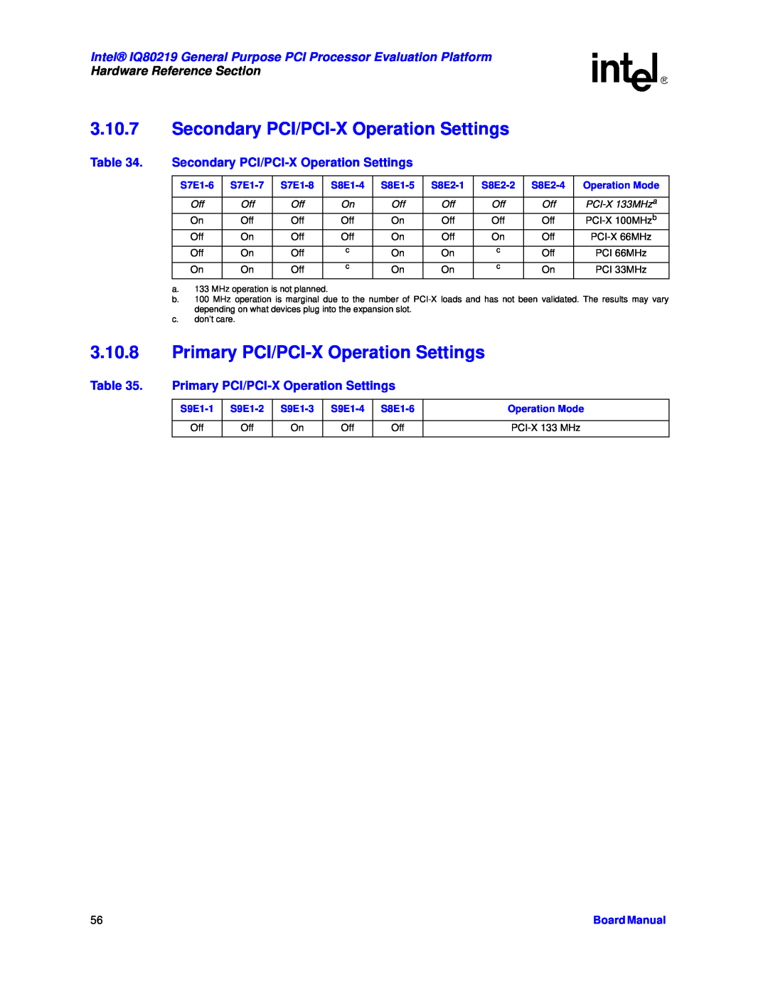 Intel IQ80219 Secondary PCI/PCI-X Operation Settings, Primary PCI/PCI-X Operation Settings, Hardware Reference Section 