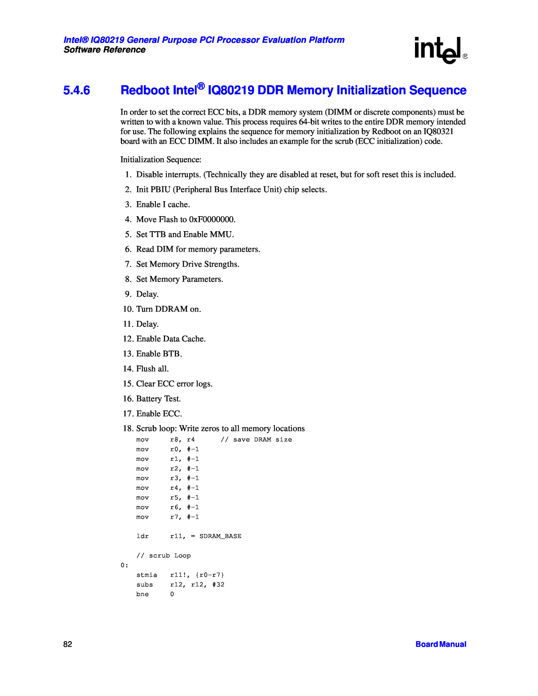 Intel manual Redboot Intel IQ80219 DDR Memory Initialization Sequence, Software Reference 