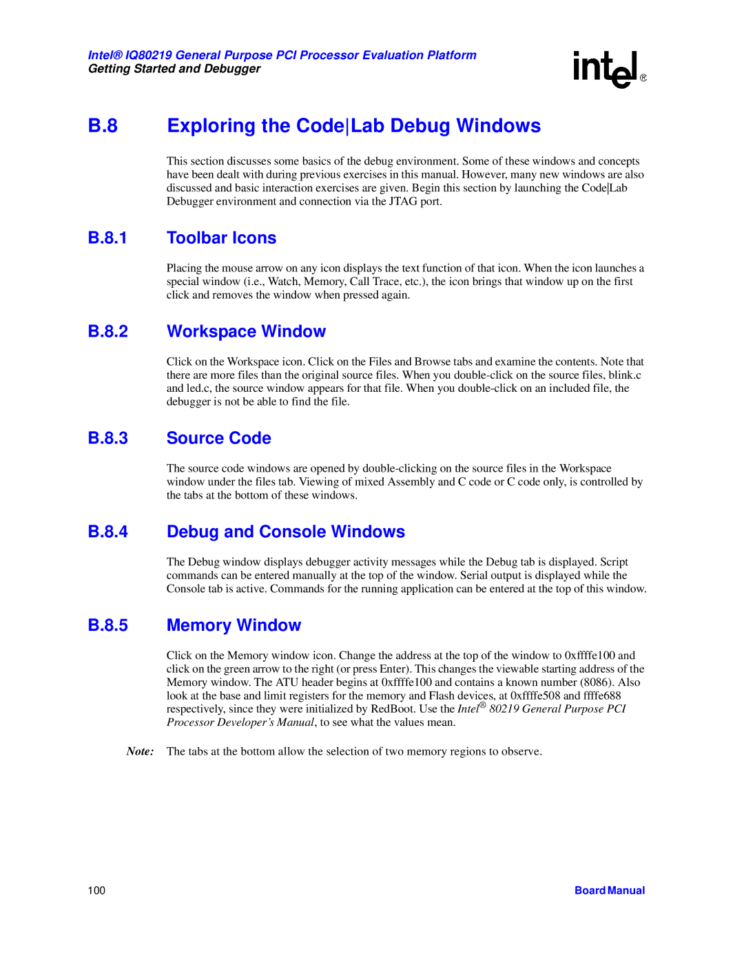 Intel IQ80219 manual Exploring the CodeLab Debug Windows 