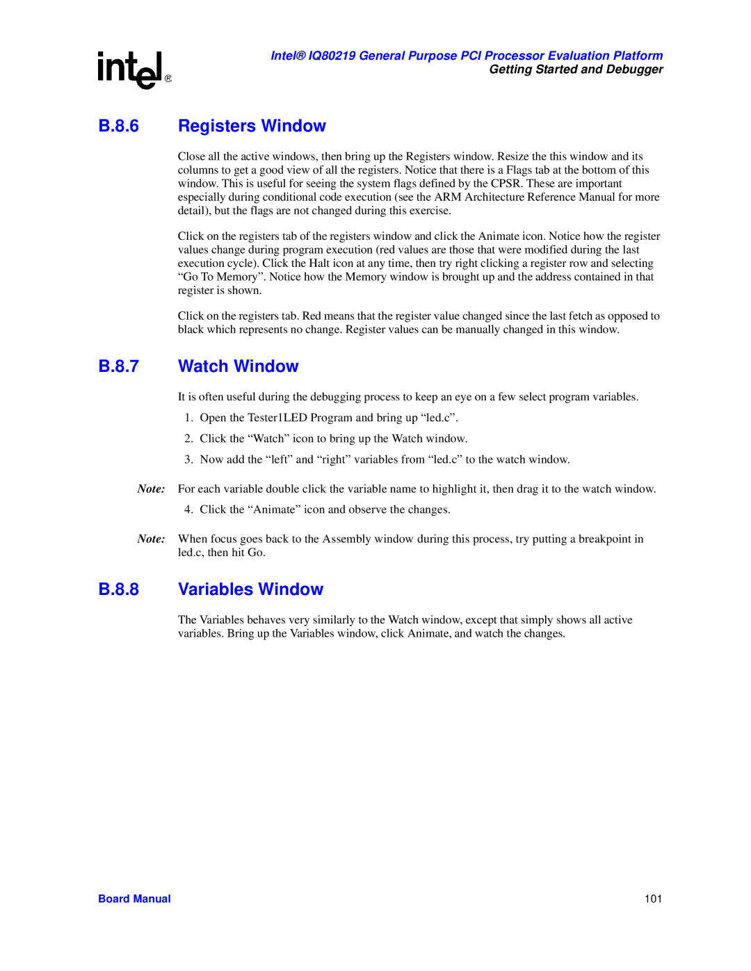 Intel IQ80219 manual Registers Window, Watch Window, Variables Window 