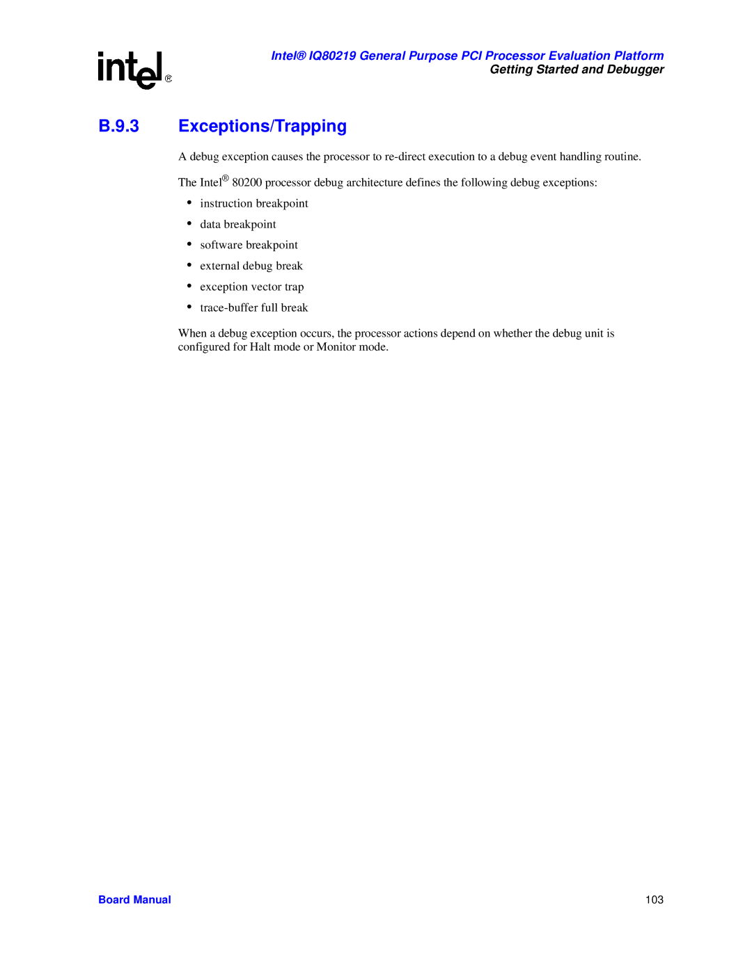 Intel IQ80219 manual Exceptions/Trapping 