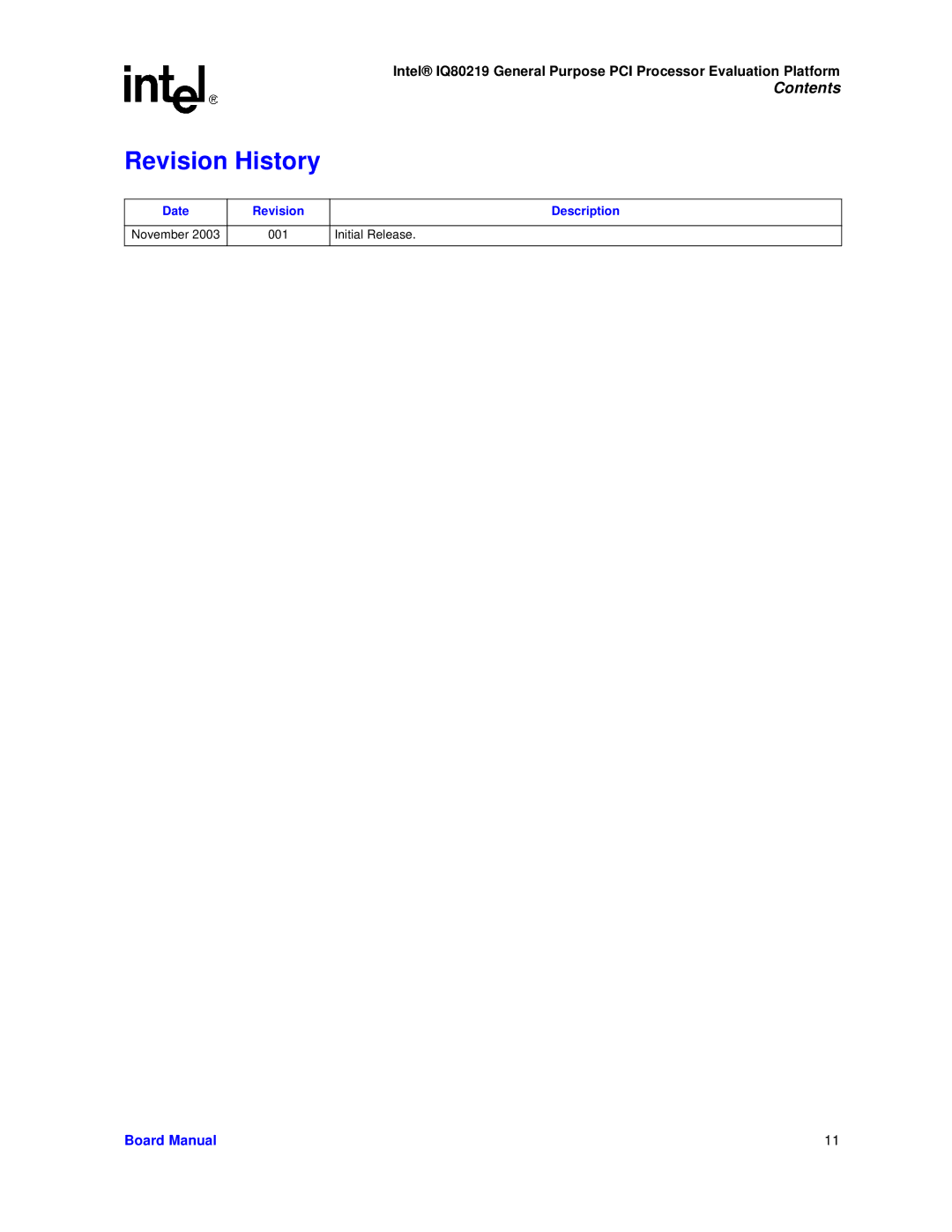 Intel IQ80219 manual Revision History, Date Revision Description 