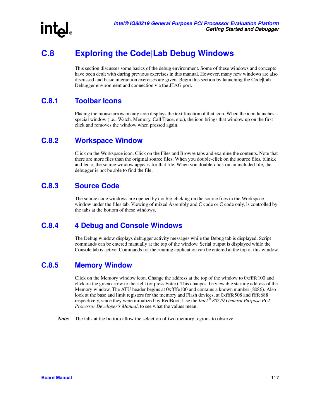 Intel IQ80219 manual Exploring the CodeLab Debug Windows, 4 4 Debug and Console Windows 