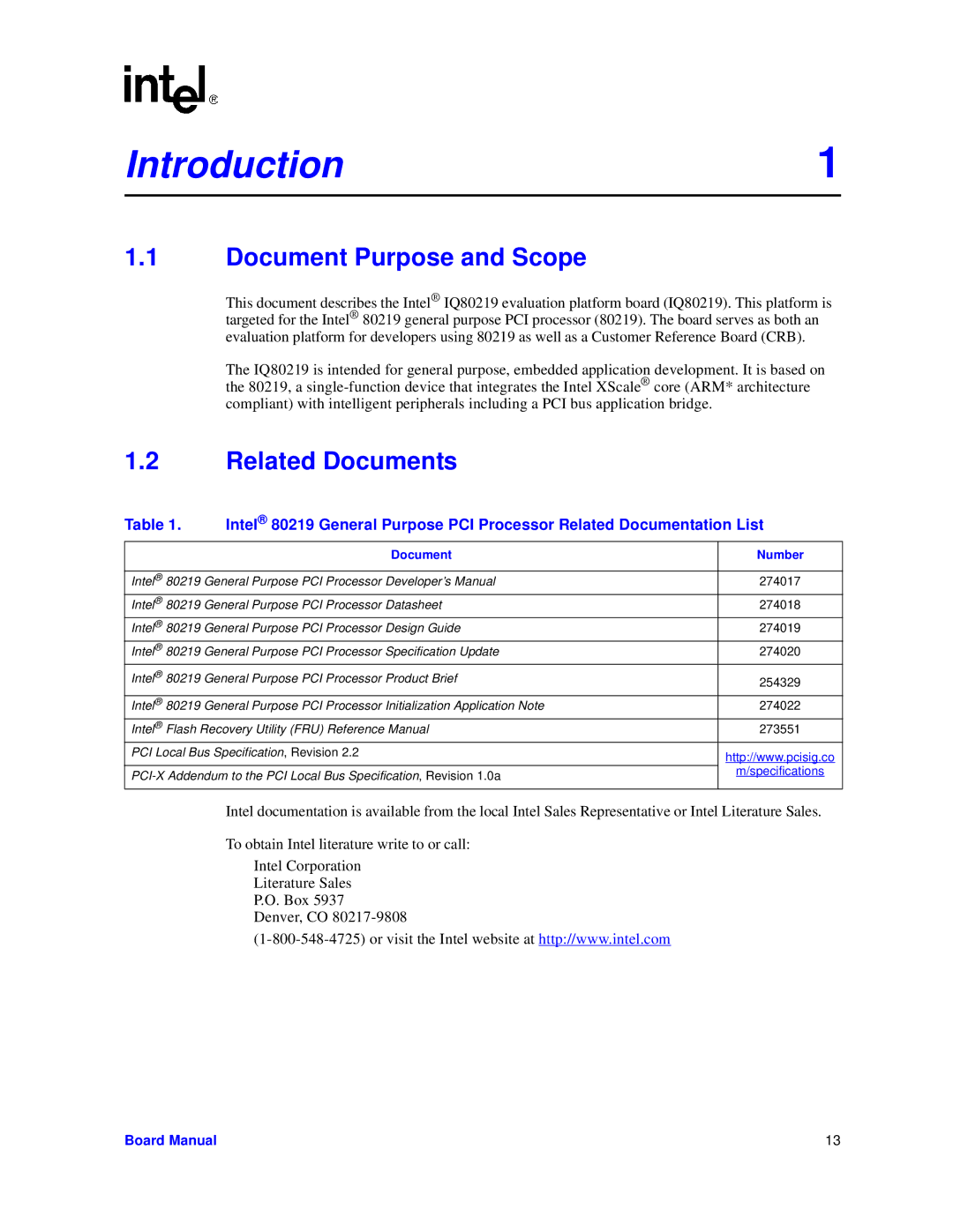 Intel IQ80219 manual Document Purpose and Scope, Related Documents 