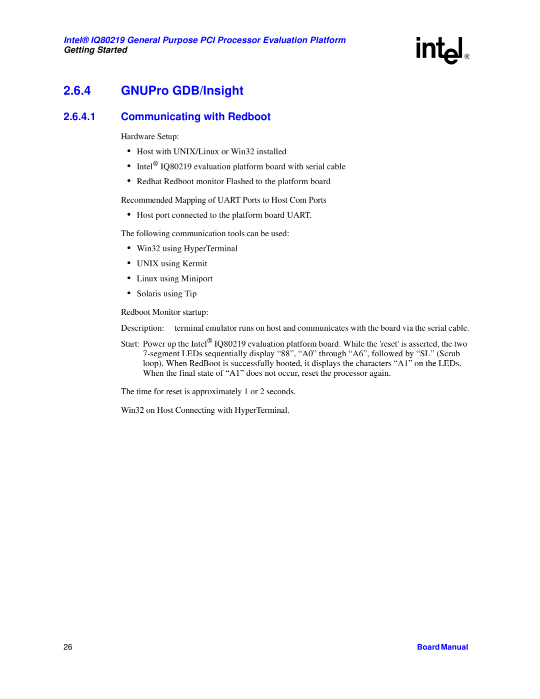 Intel IQ80219 manual GNUPro GDB/Insight, Communicating with Redboot 