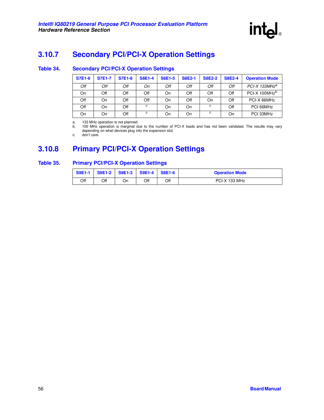 Intel IQ80219 manual Secondary PCI/PCI-X Operation Settings, Primary PCI/PCI-X Operation Settings, PCI-X 133 MHz 