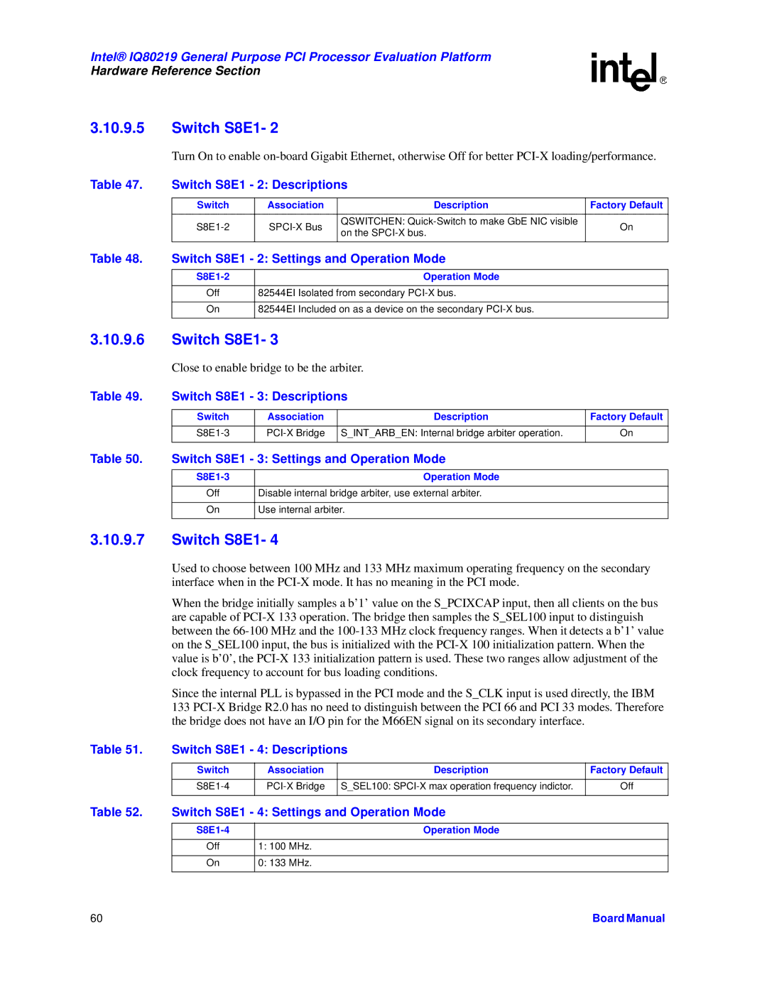 Intel IQ80219 manual Switch S8E1 