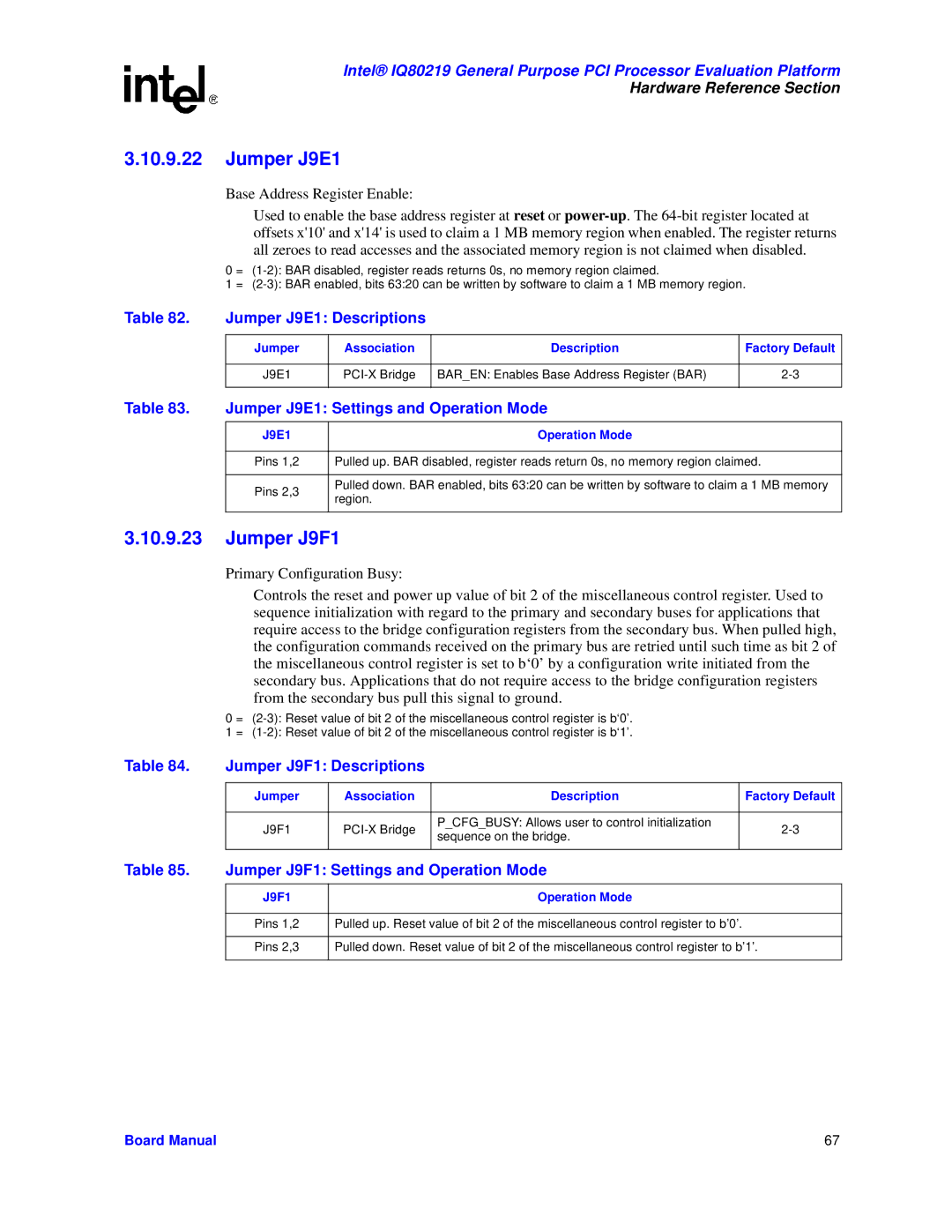 Intel IQ80219 manual Jumper J9E1, Jumper J9F1 