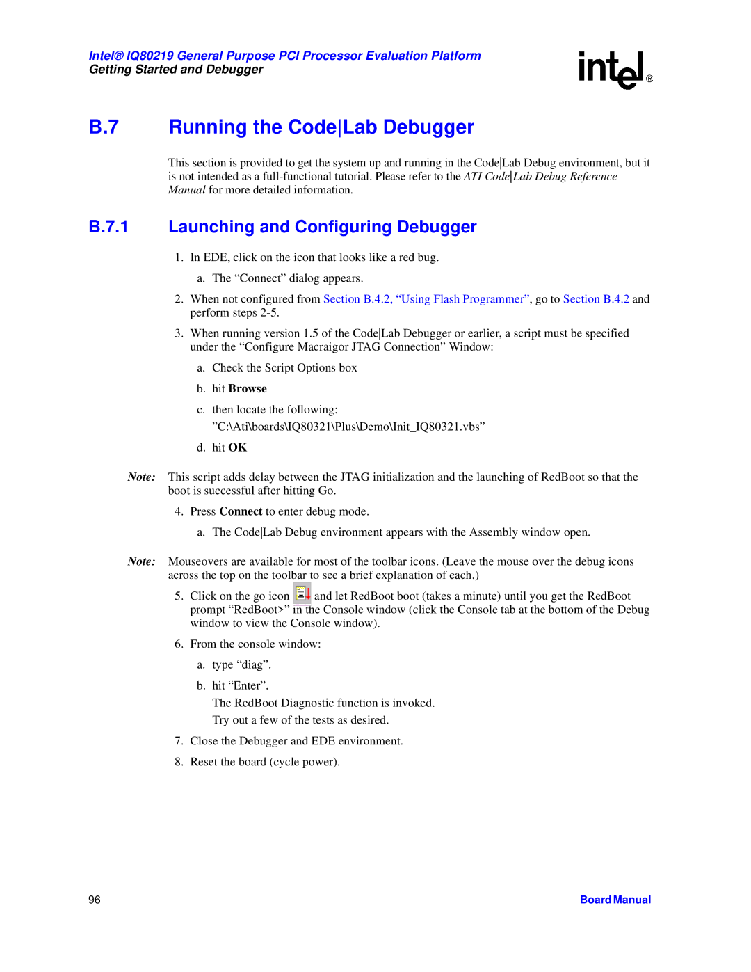 Intel IQ80219 manual Running the CodeLab Debugger, Launching and Configuring Debugger 