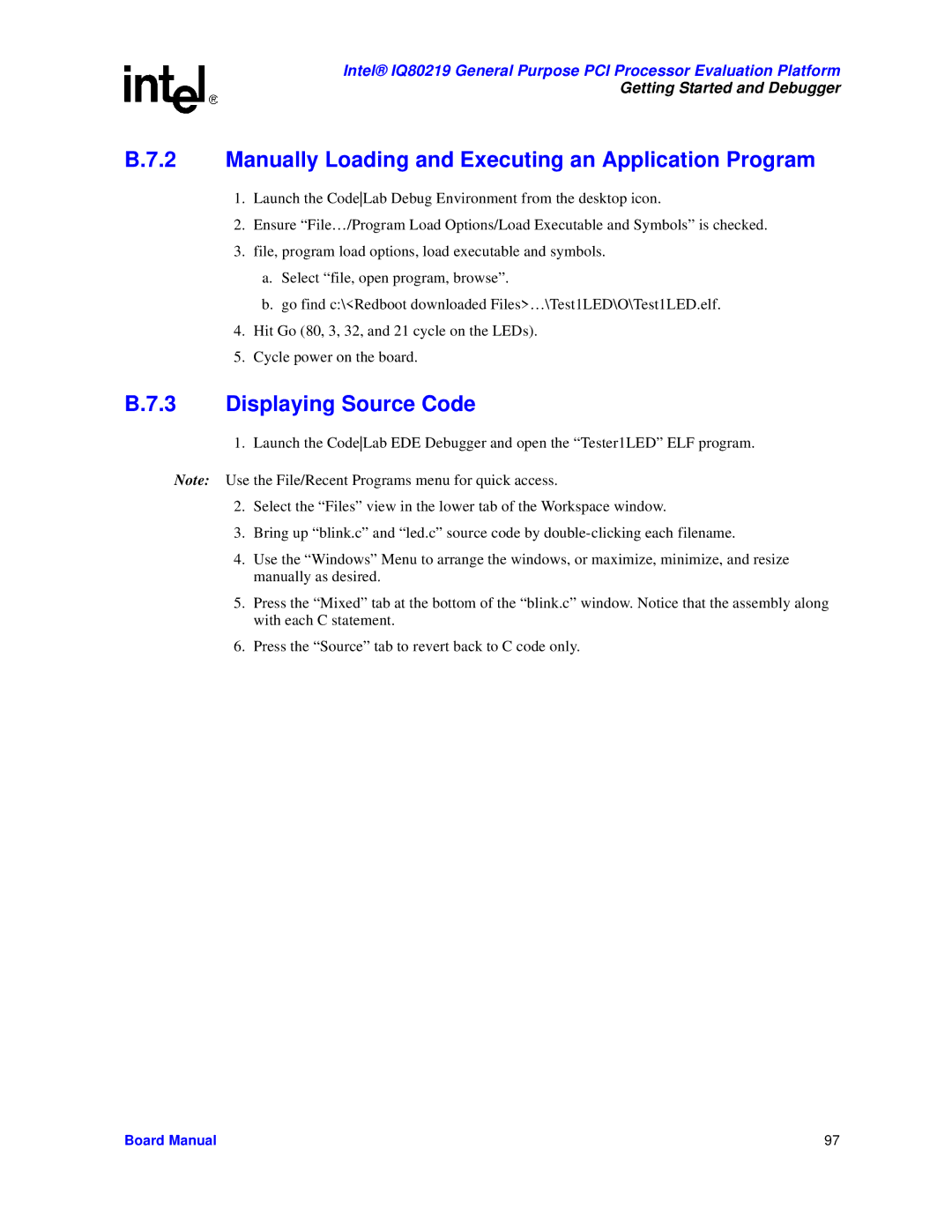 Intel IQ80219 manual Manually Loading and Executing an Application Program, Displaying Source Code 