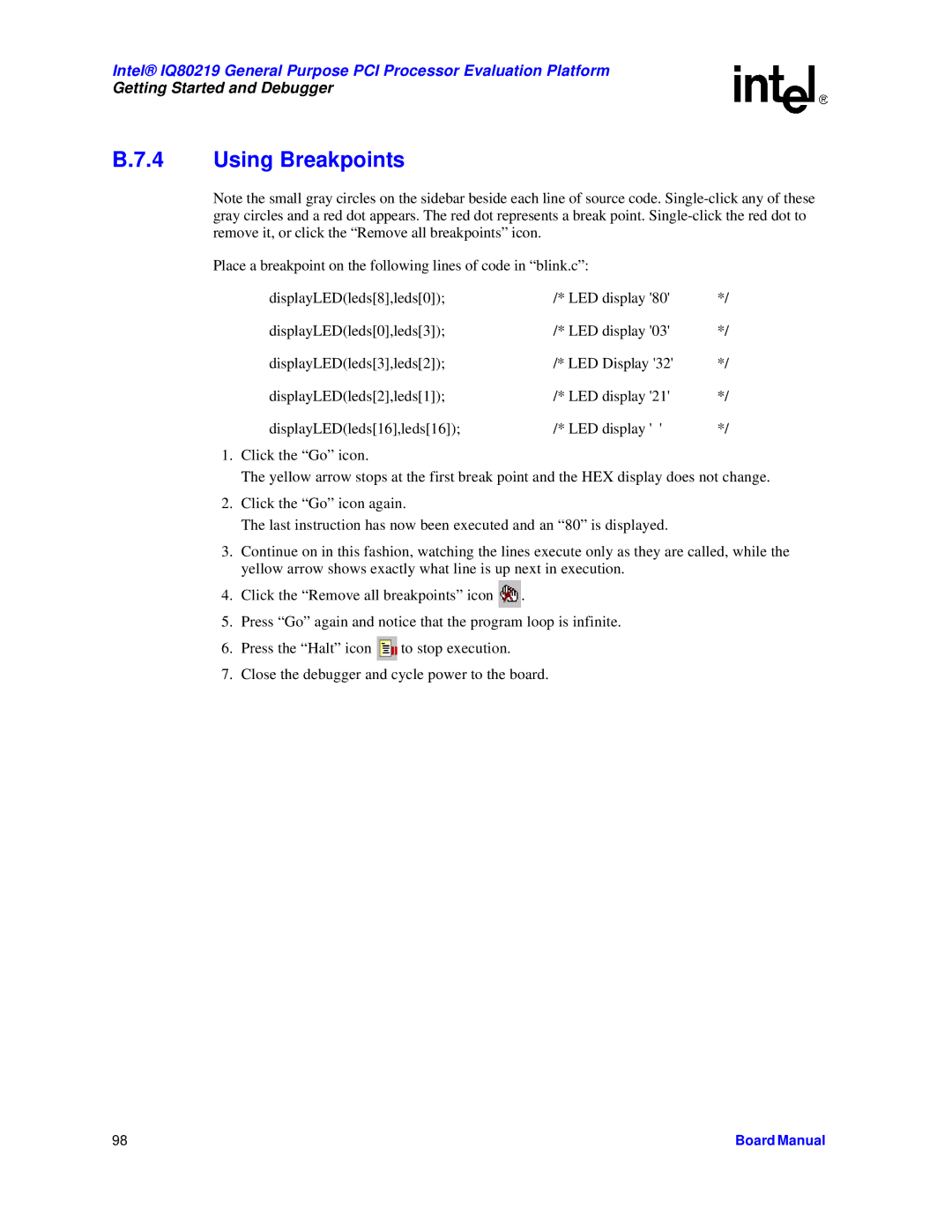 Intel IQ80219 manual Using Breakpoints 