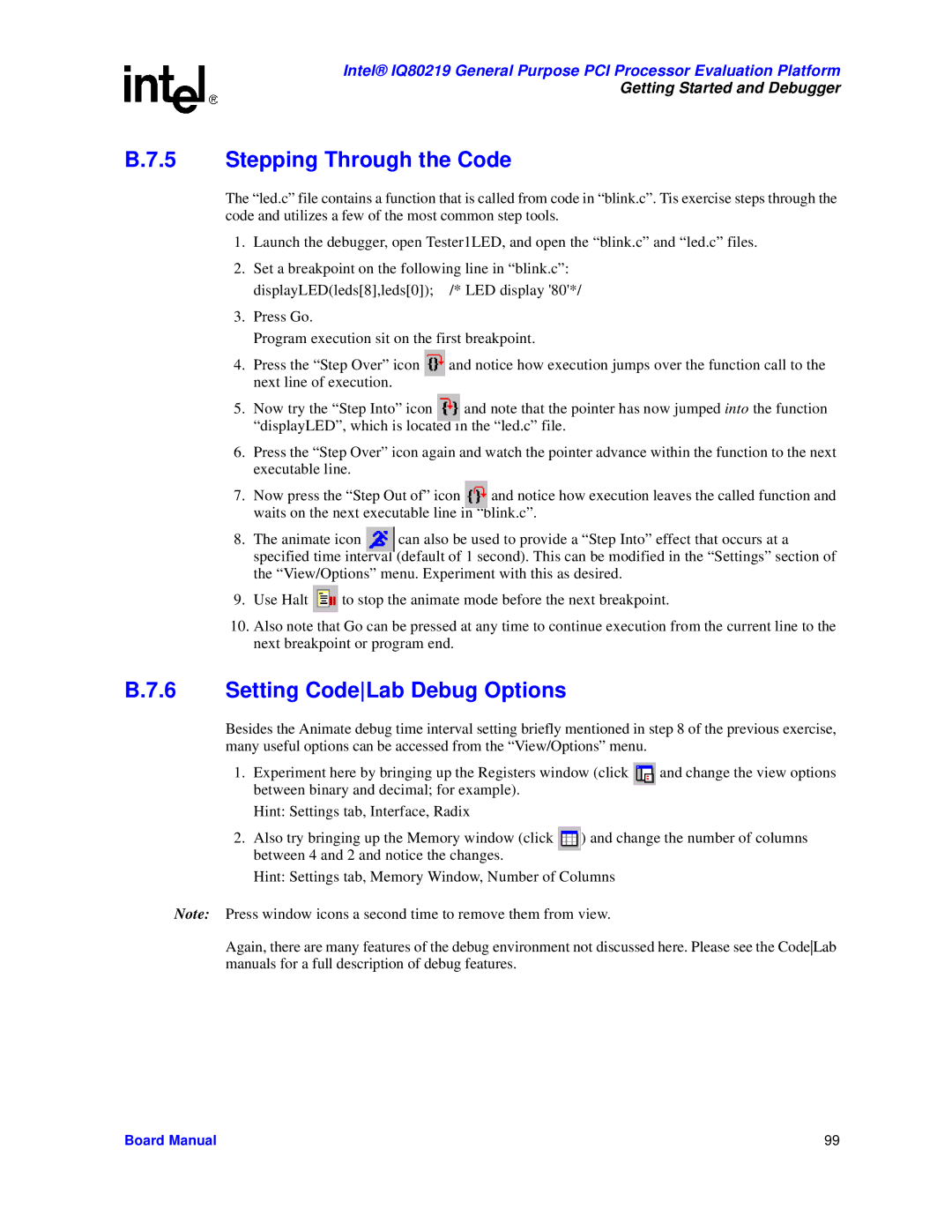 Intel IQ80219 manual Stepping Through the Code, Setting CodeLab Debug Options 