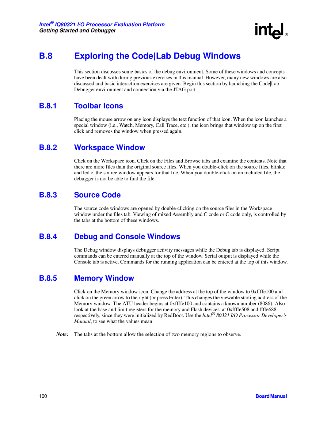 Intel IQ80321 manual Exploring the CodeLab Debug Windows 