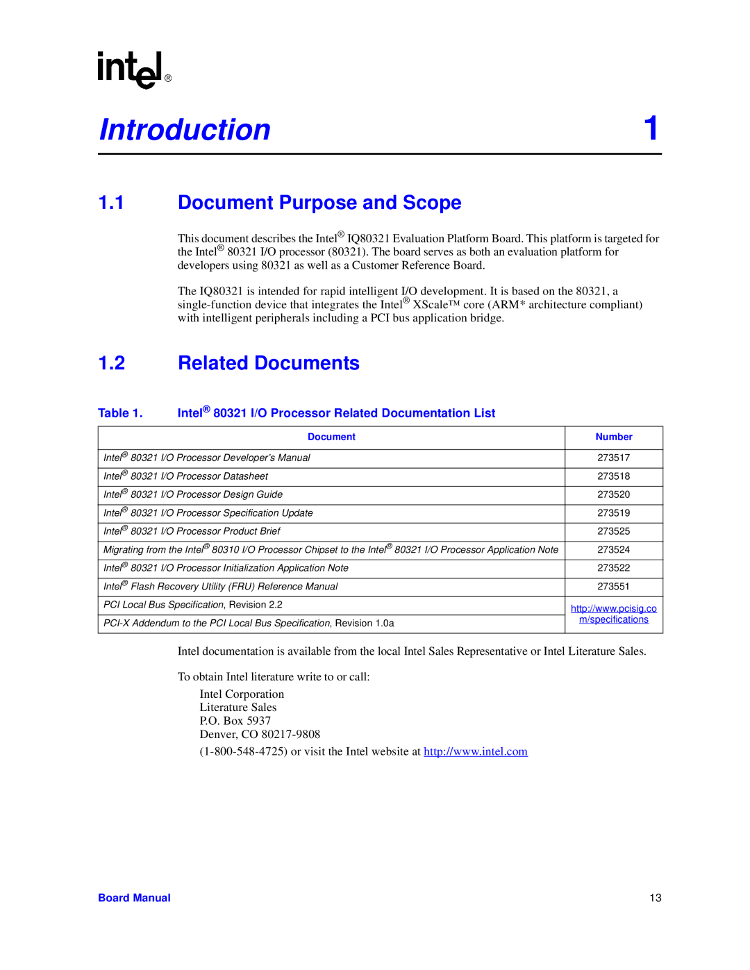 Intel IQ80321 manual Document Purpose and Scope, Related Documents 