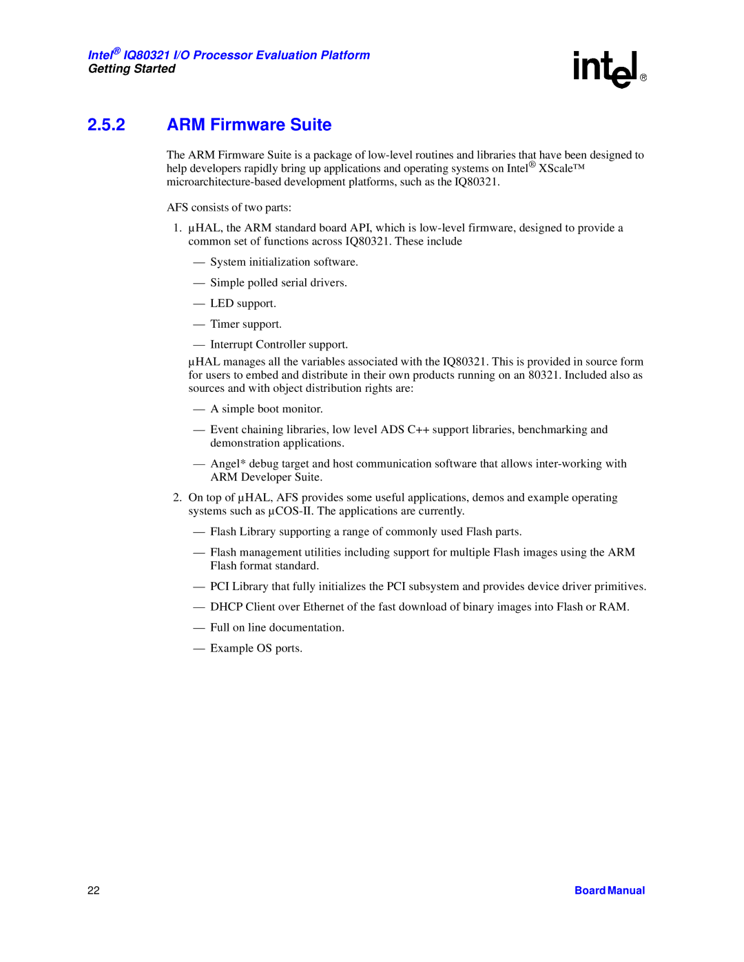 Intel IQ80321 manual ARM Firmware Suite 