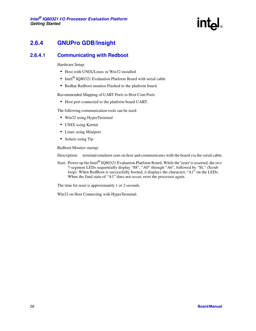 Intel IQ80321 manual GNUPro GDB/Insight, Communicating with Redboot 