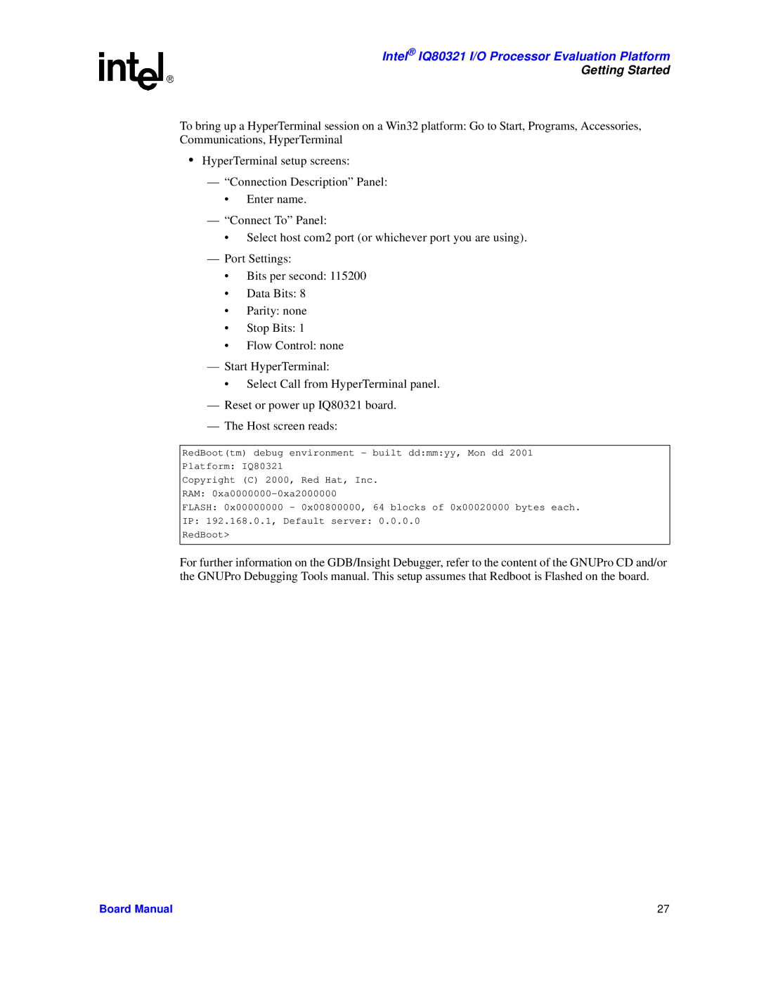 Intel manual Intel IQ80321 I/O Processor Evaluation Platform 