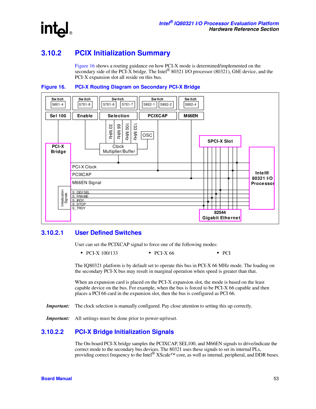 Intel IQ80321 manual Pcix Initialization Summary, User Defined Switches, PCI-X Bridge Initialization Signals 