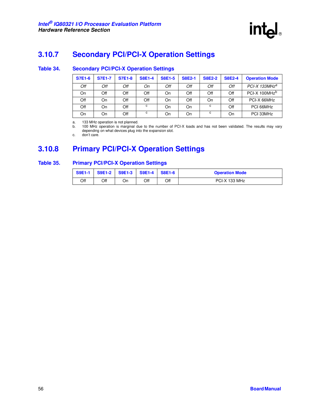 Intel IQ80321 manual Secondary PCI/PCI-X Operation Settings, Primary PCI/PCI-X Operation Settings, PCI-X 133 MHz 