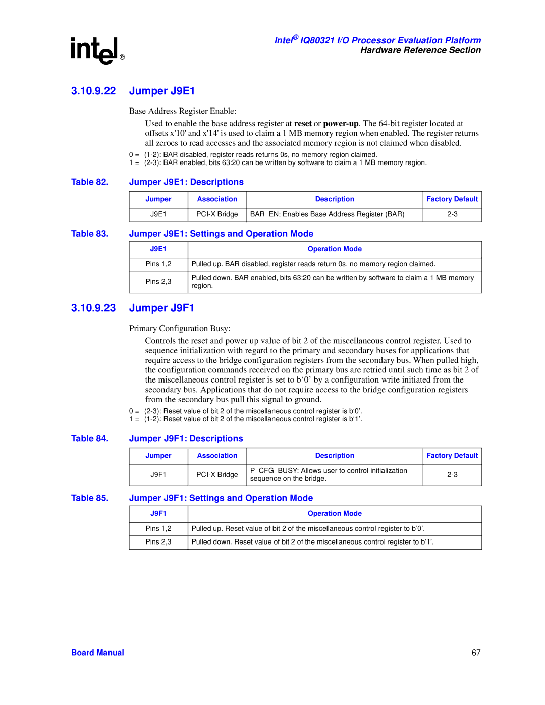 Intel IQ80321 manual Jumper J9E1, Jumper J9F1 