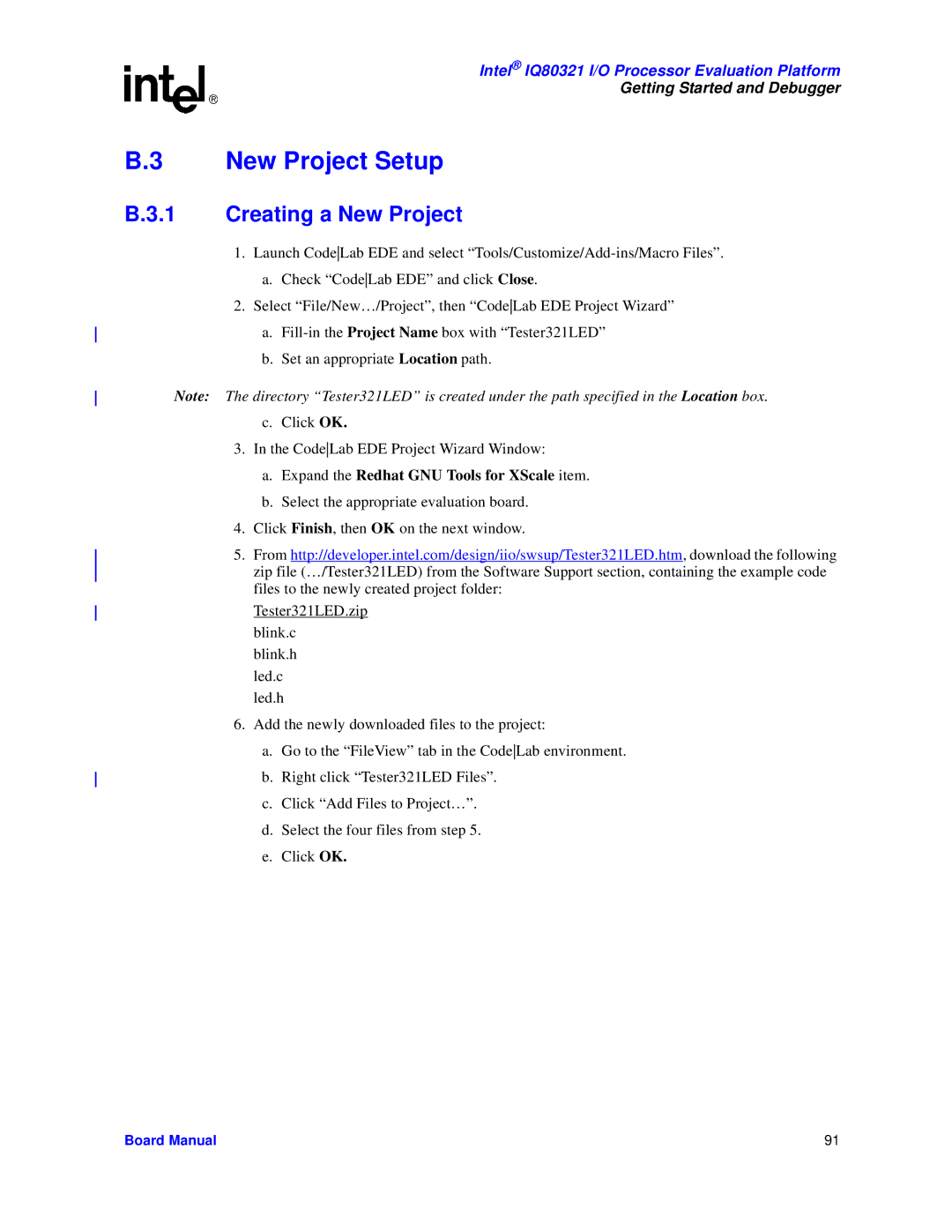 Intel IQ80321 manual New Project Setup, Creating a New Project 