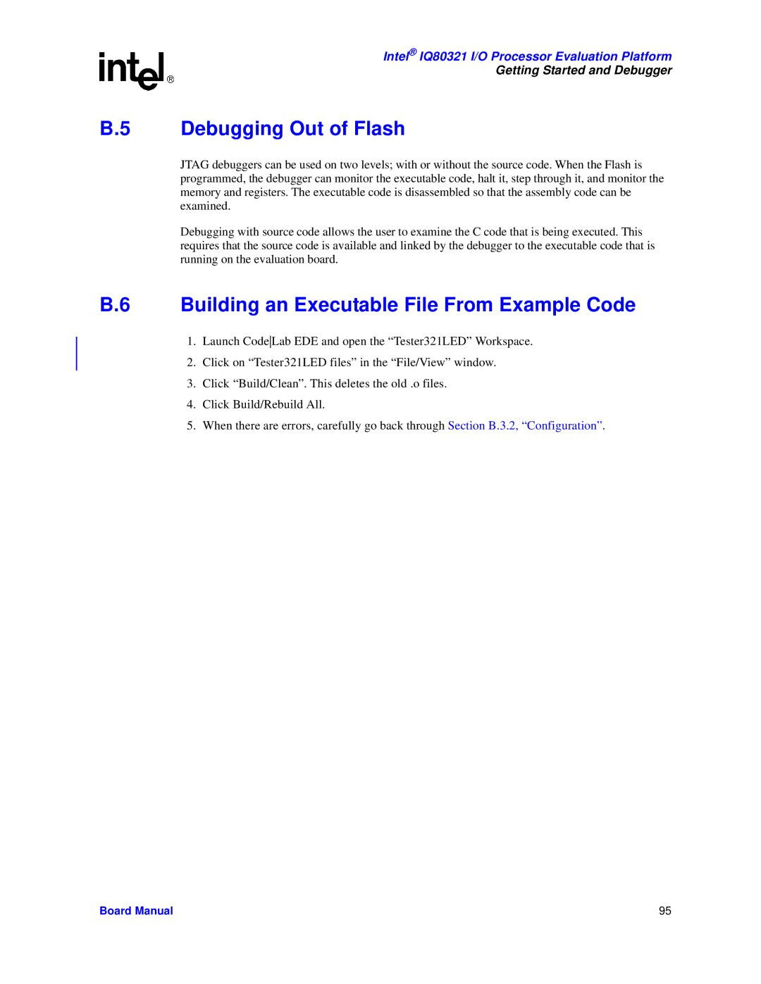 Intel IQ80321 manual Debugging Out of Flash, Building an Executable File From Example Code 